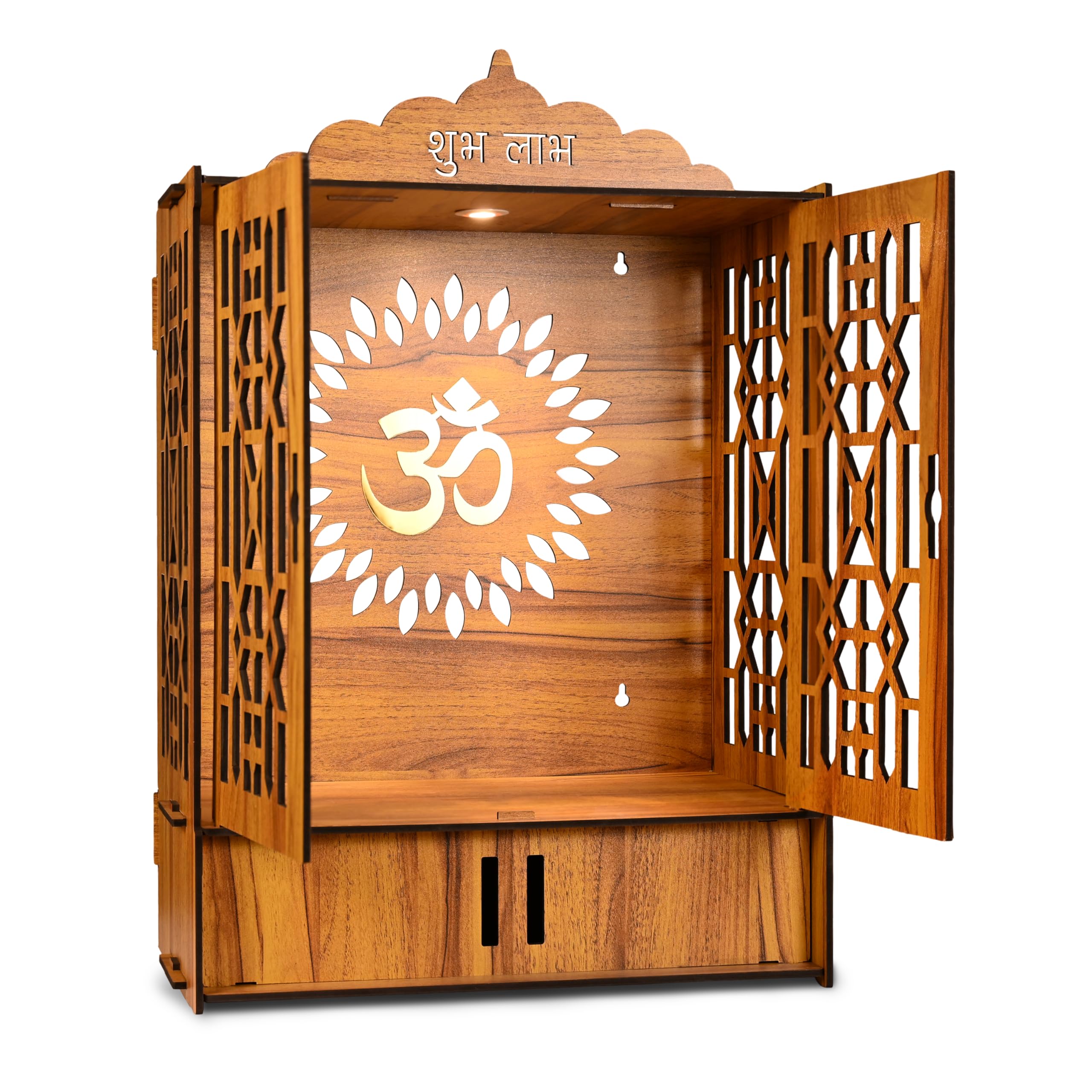 Wooden MDF Temple Mandir for Home with Door | Assembly Required | Pooja Unit with Storage Space | LED Light and Wall Mounts | Big Size (Extra Large - 27 * 19 * 11)-image-1