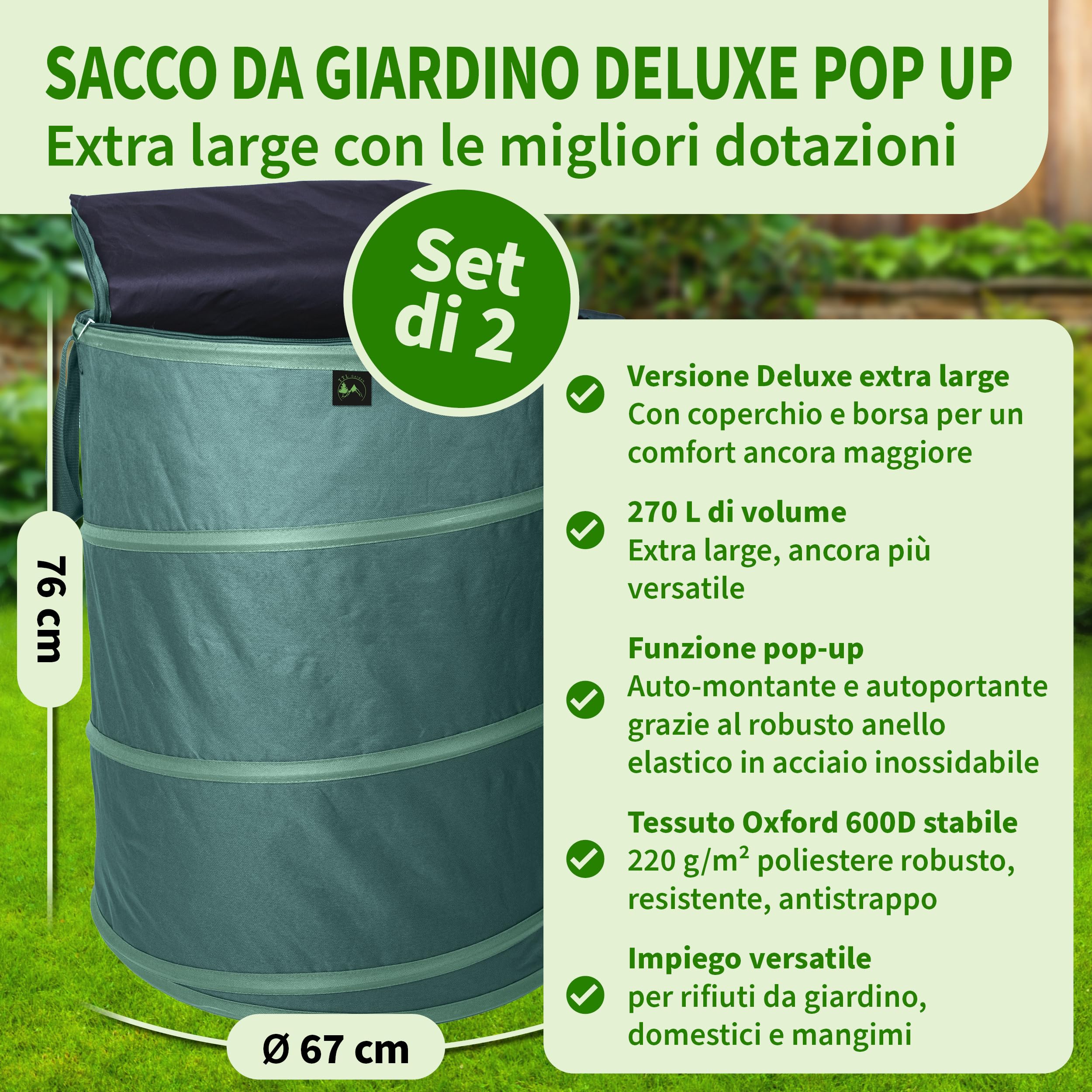 TTL GARDEN 2 sacchi da giardino Pop Up Deluxe da 270 l, con coperchio, 220 gsm, 600D, Oxford, set da 2 pezzi, 270 litri, pieghevoli, grandi e stabili – Sacco per foglie, per taglio verde, giardino