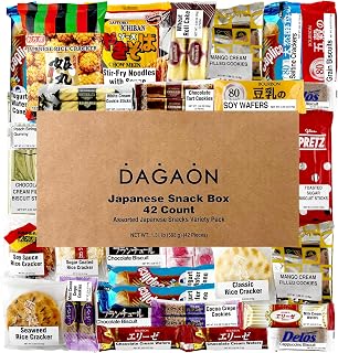 Dagaon Japanese Snack Box 42 Count. Assortment Gift Pack. Dagashi Set Including Ramen, Cookies, Biscuits, Crackers, Pies, Candies, Jelly.