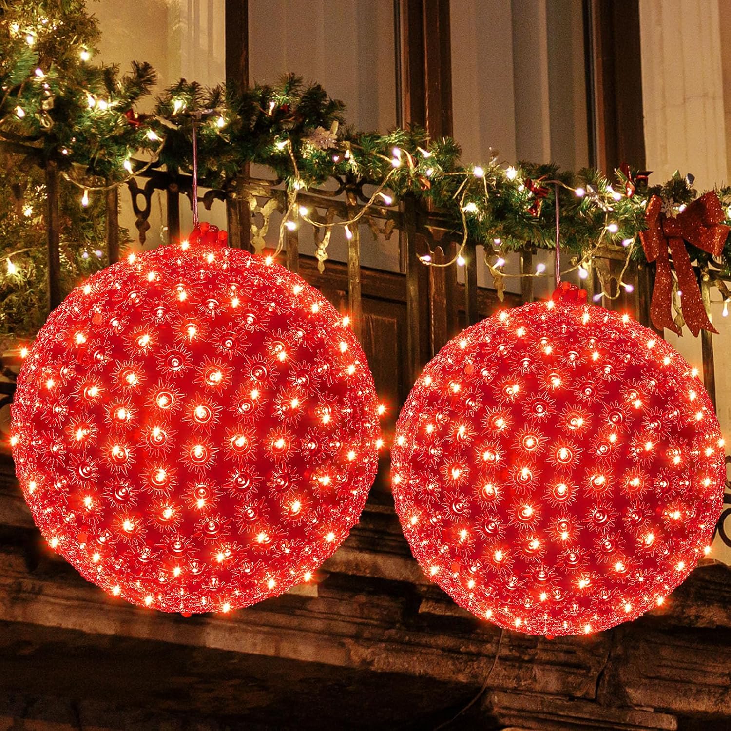 Retisee 2 Pcs Starlight Sphere Ball 300 LED Lights Large Clear Hanging Sphere for Indoor Outdoor Tree Home Novelty Light Decorations for Easter St. Patrick's Day Holiday(14 Inch,Red)