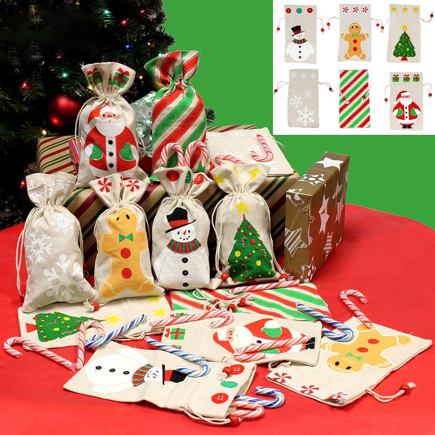 JOYIN 12 Pack of Christmas Canvas Gift Drawstring Bags Assortment for Christmas Party Favors, Treats, Santa Sack Sticking Bags, Christmas Draw String Goodie Bags, Party Favors