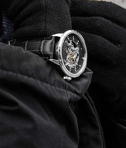 Miniatura 6 de Stuhrling Original Reloj esqueleto automático para hombre, correa de cuero negro, reloj ejecutivo mecánico plateado