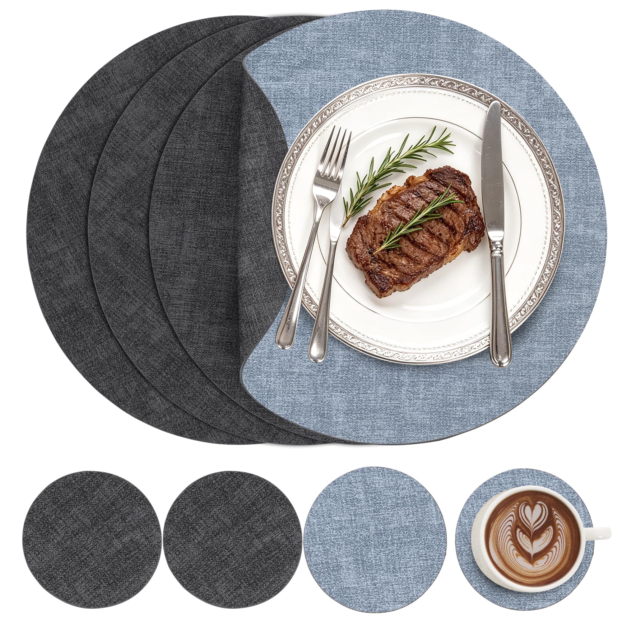 Homodeco Placemats Set of 4 Round Dual Sided Faux Leather Table Mats