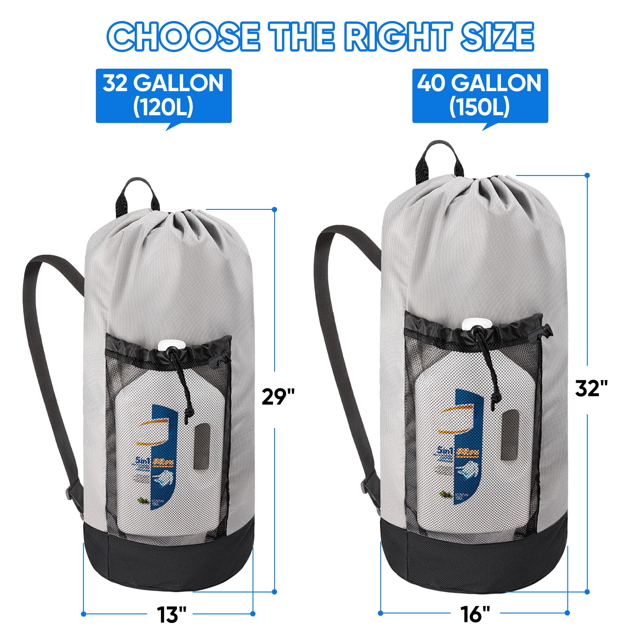 BALEINE Mochila de lavandería de 120 L, tela Oxford 600D, bolsas de lavandería con correas para los hombros y 2 bolsillos de malla