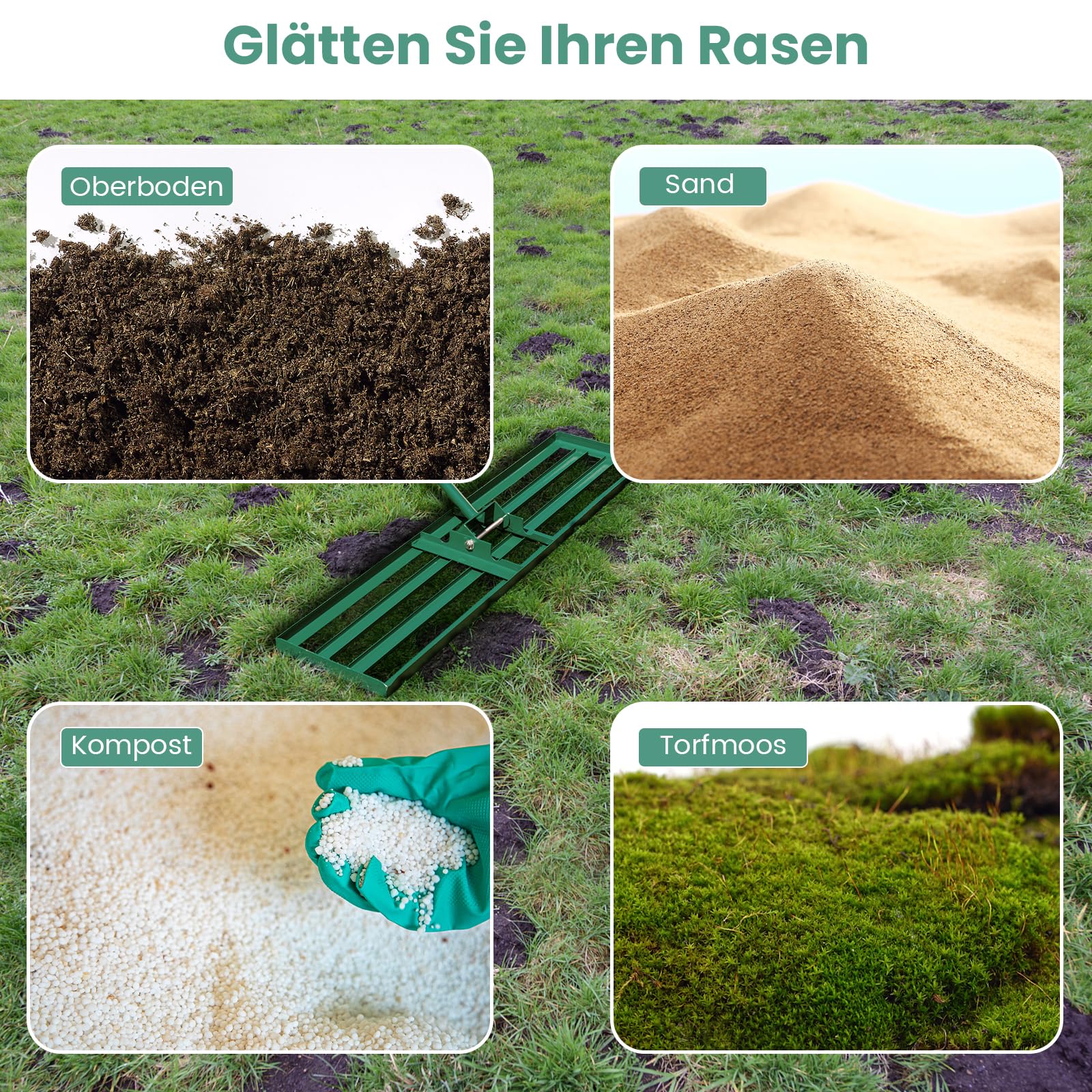 COSTWAY Rasen Nivellierrechen Metall, Rasenrechen mit ergonomischem Griff, Nivellierung von Sand Boden, Rechen Flächenebner Rasenwerkzeug, für Garten Hinterhof Golfplatz, Grün (91 cm x 25 cm)