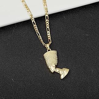 Egyptian Queen Nefertiti Pendant Necklace for Women Men 18K White Gold Plated Pendant Necklace Stainless Steel Figaro Chain Necklace