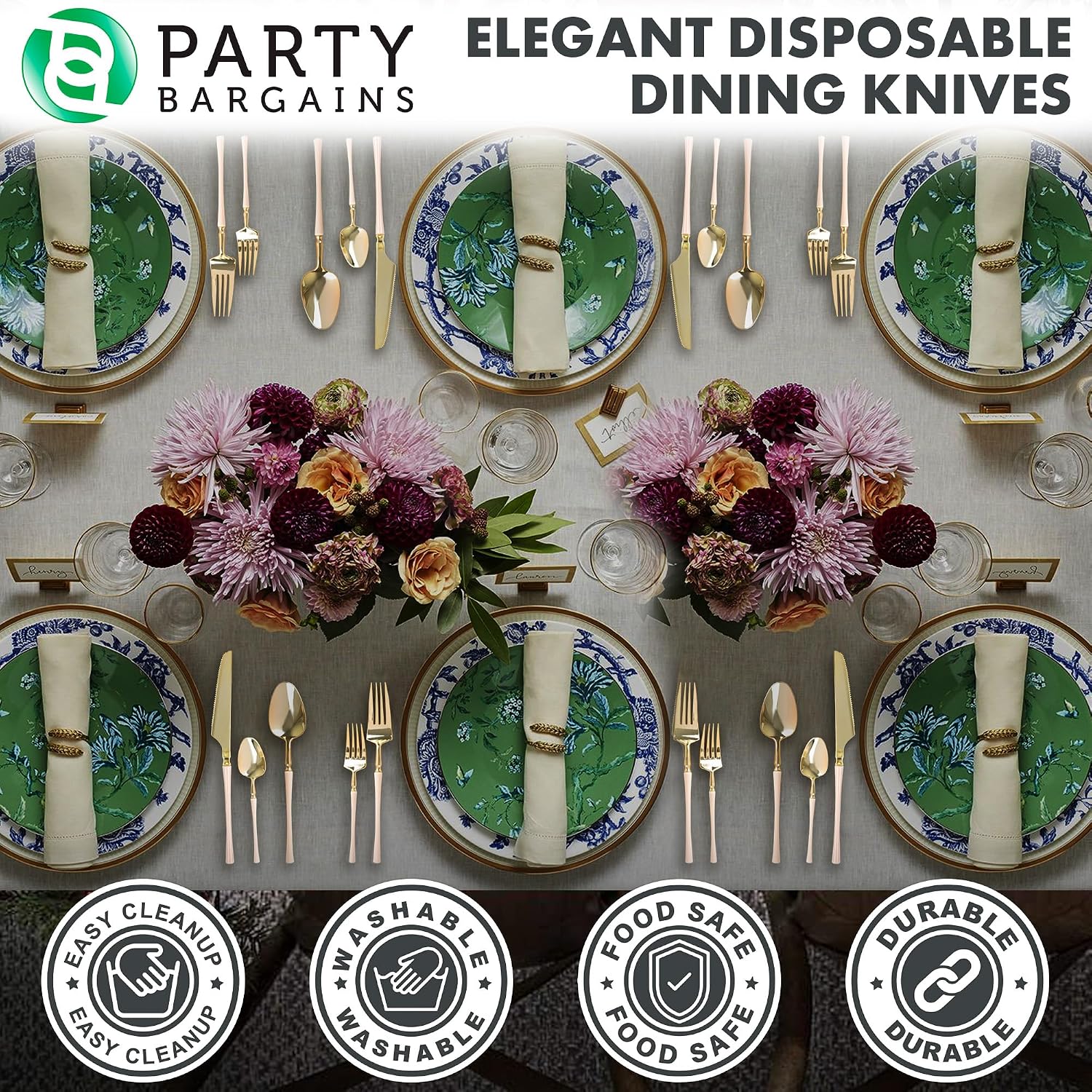 Party Bargains Disposable Plastic Pink Gold Dinner Knives, Infinity Modern Design Utensils, 20 Pack
