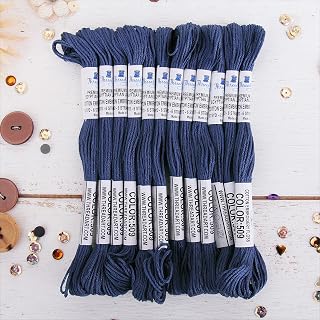 12 Skeins Threadart 면 자수 실, 네이비 | 크로스 스티치, 핸드 자수 및 팔찌를 위한 긴 섬유 면 자수 실. 6가닥의 치실은 쉽게 분리됩니다.