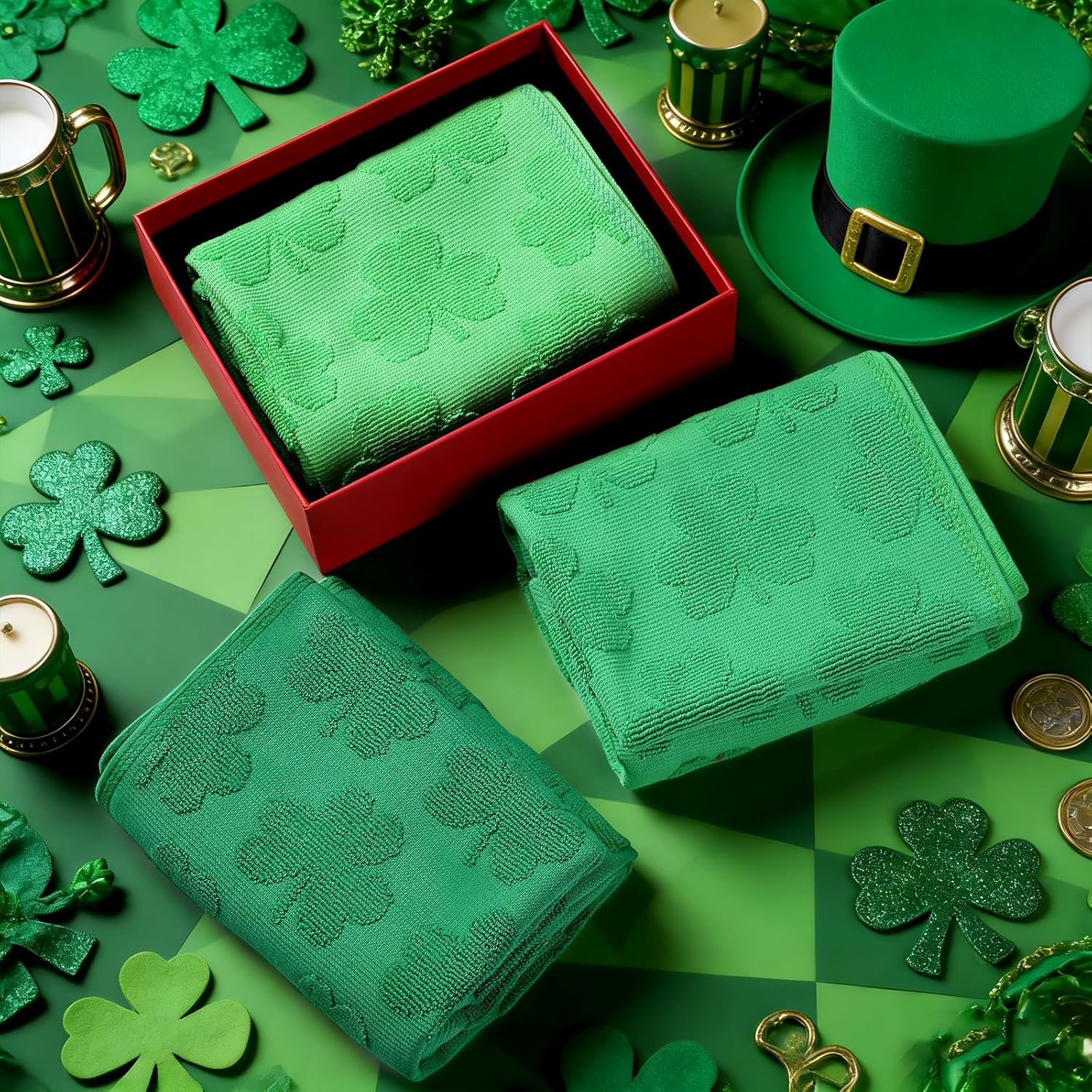 3pcs St. Patrick's Day Hand Towels Set Green Shamrock Jacquard Bath Towel Irish Clover 100% Cotton Soft Kitchen Decorative Bathroom Towels for St. Patrick's Day Holiday Decor Gift,14 x 29 Inch - Image 4
