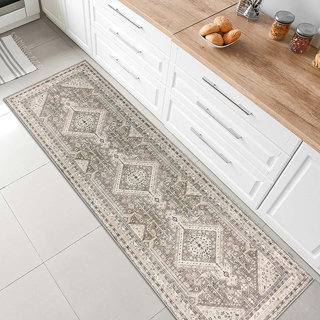 Green Decore Vernal Senglea Persian Machine washable, Non Shedding, Non Slip Runner Rug for Living Room, Bedroom, Dining Room, Hallway, and Kitchen - Beige, 76 cm x 243 cm