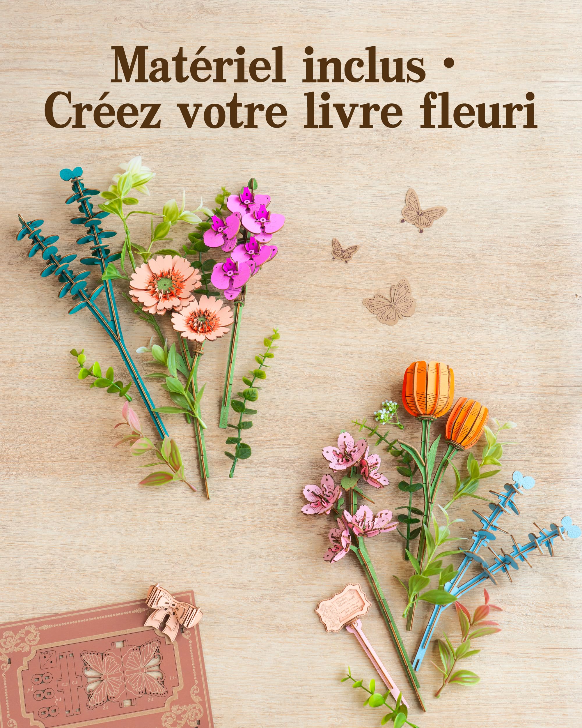 ROBOTIME Puzzle En Bois 3D Livre Fleuri, Kit Modèle Fleur Artificielle Pour Adultes, Ensemble De Construction DIY, Décoration Murale Artistique Pour Noël