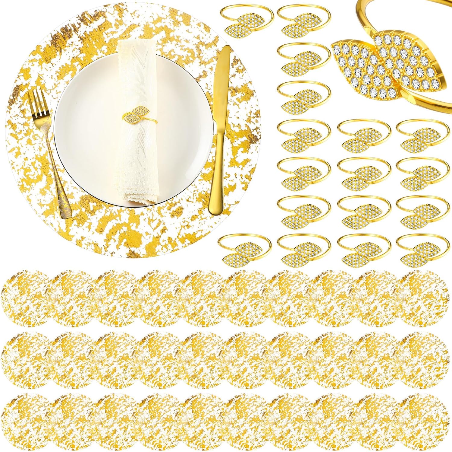 100 Pcs Gold Placemats and Napkin Rings Bulk 13 Inch Disposable Round Gold Placemats Metal Leaf Napkin Rings Sequin Doilies for Wedding Dining Table Kitchen Decoration
