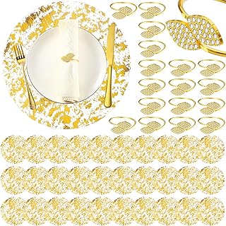 Gandeer 50 Pcs Gold Placemats and Napkin Rings Bulk 13 Inch Disposable Round Gold Placemats Metal Leaf Napkin Rings Sequin Doilies for Wedding Dining Table Kitchen Decoration