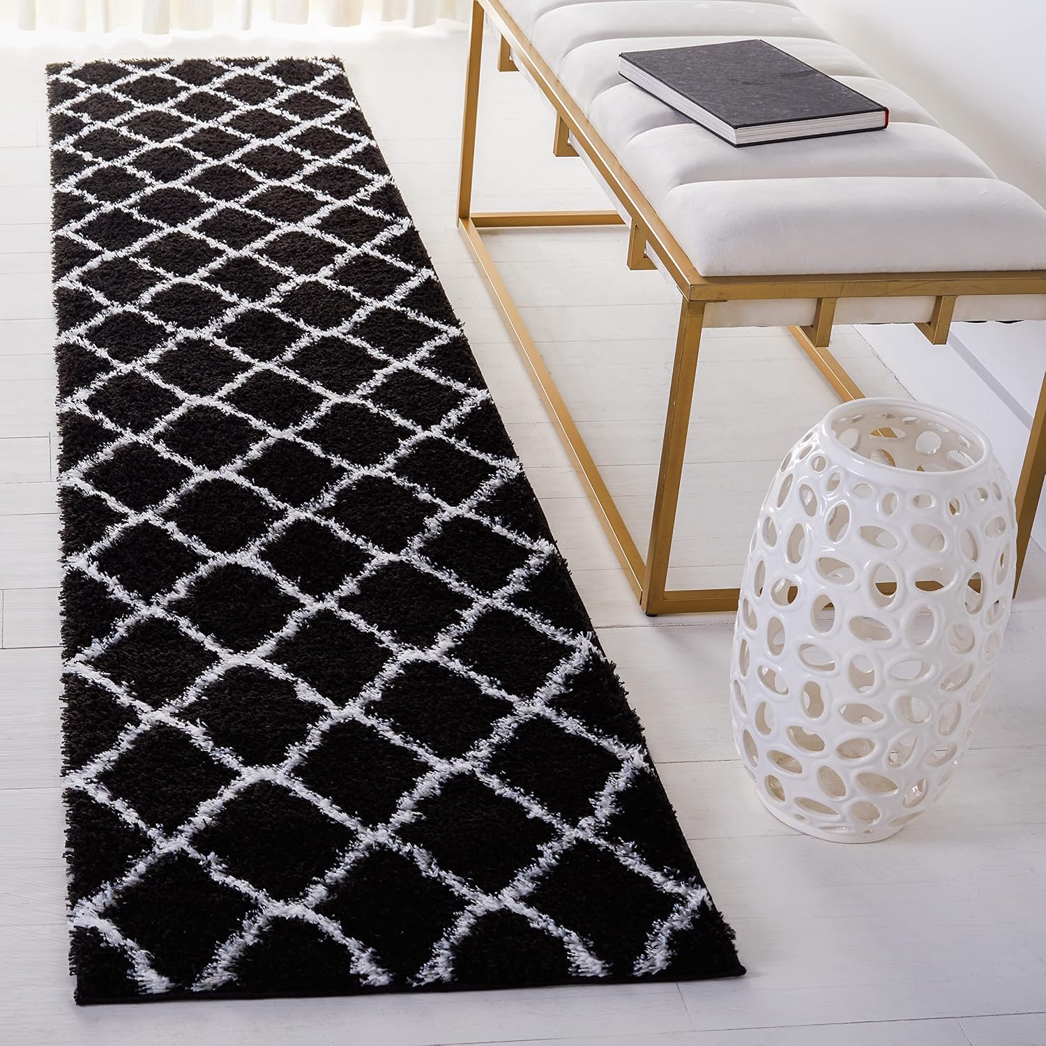 SAFAVIEH Tahoe Shag Collection Runner Rug - 2' x 9', Black & White, Trellis Design, Non-Shedding & Easy Care, 1.2-inch Thick Ideal for High Traffic Areas in Living Room, Bedroom (THO675Z)