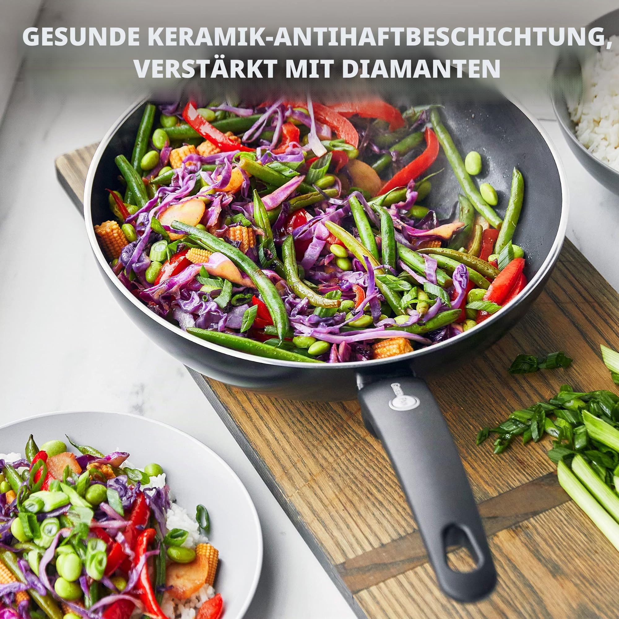GreenPan Cambridge 28 cm/3,7 Liter Wok-Pfanne aus Keramik, PFAS-frei, Induktion, spülmaschinenfest, backofenfest, Schwarz