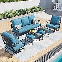 Vista 18 de Juego de muebles de patio, 4 piezas de muebles modernos de metal para exteriores, sofá de 3 plazas, 2 sillas mecedoras, mesa de centro y cojín extra