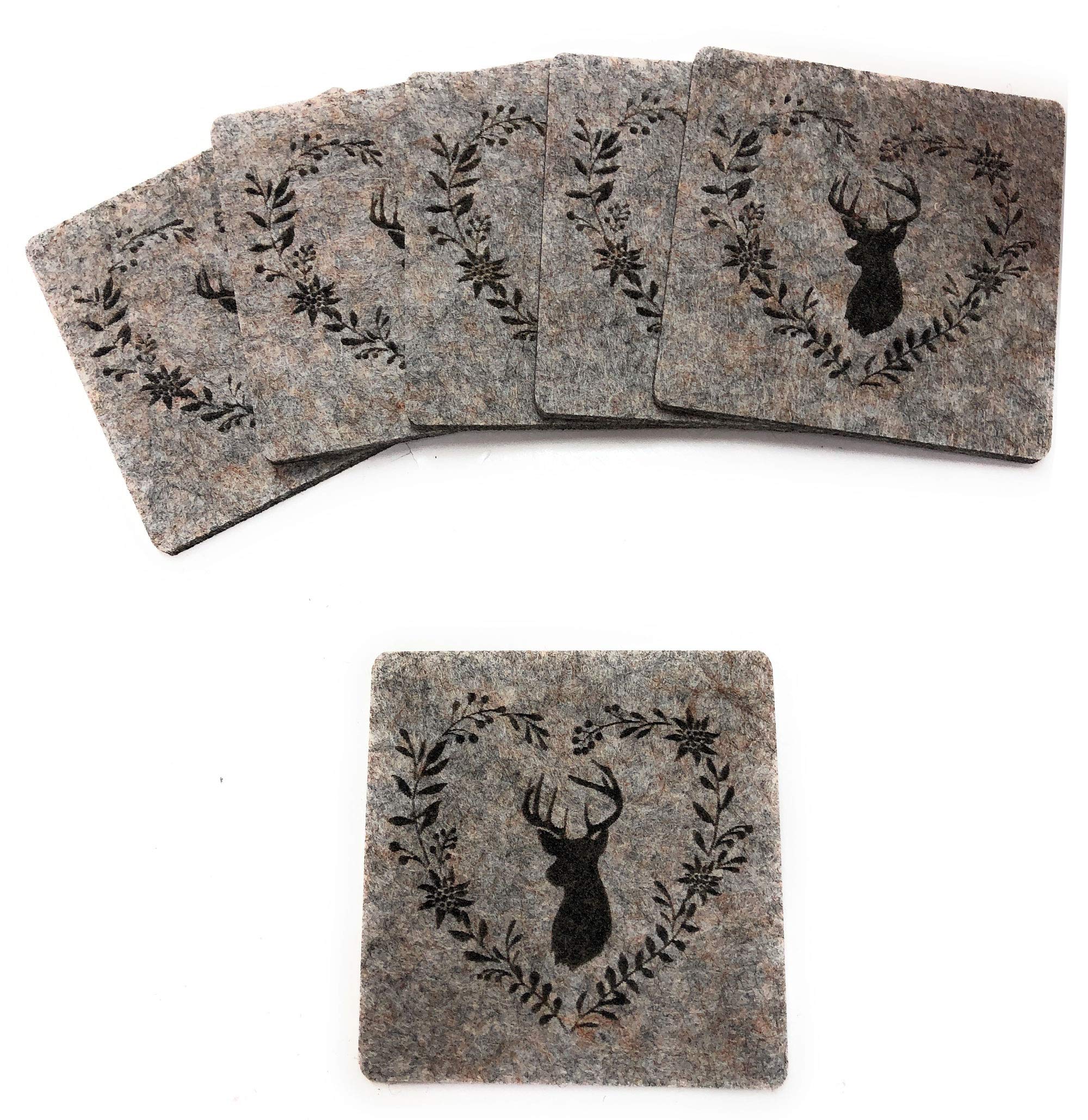 BoltzeLeopold Felt Coasters Grey Set of 6 with Deer 10 cm Square