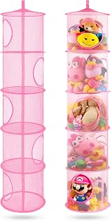 coastal rose 2Pcs Stuffed Animal Storage Foldable Stuffed Animal Net or Hammock Organizer, 5 Compartments Hanging Mesh Toy Storage Hammock for Kid Room Toys, Gloves, Hats, Socks（Pink）