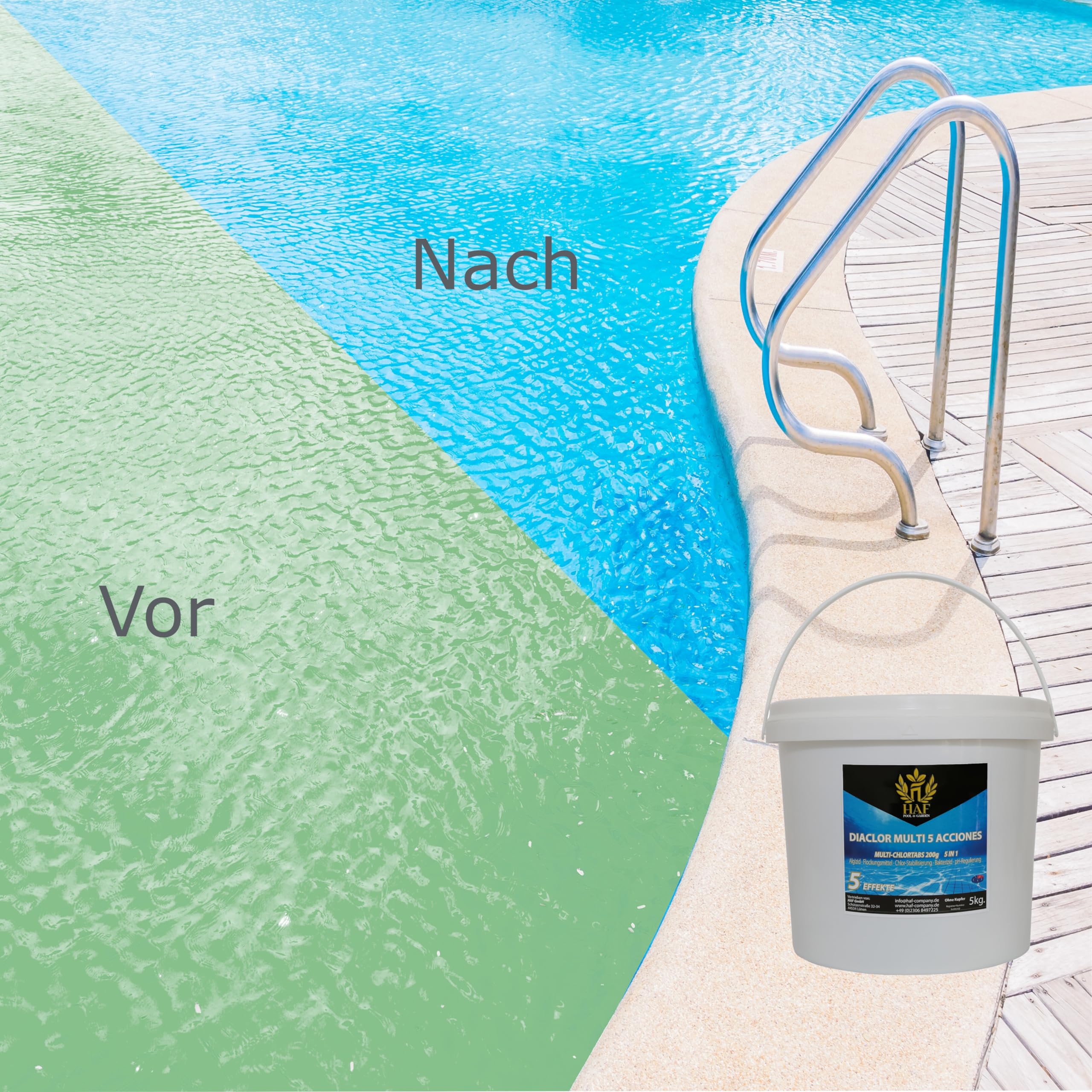 HAF Pool Chlor-Tabletten (1 x 5 kg Eimer) – langsam lösliche Chlortabletten (200g pro Stück) | Chlor Multitabs 5 in 1 für Poolpflege, Dauerdesinfektion, Algenvorbeugung & hygienisch klares Poolwasser