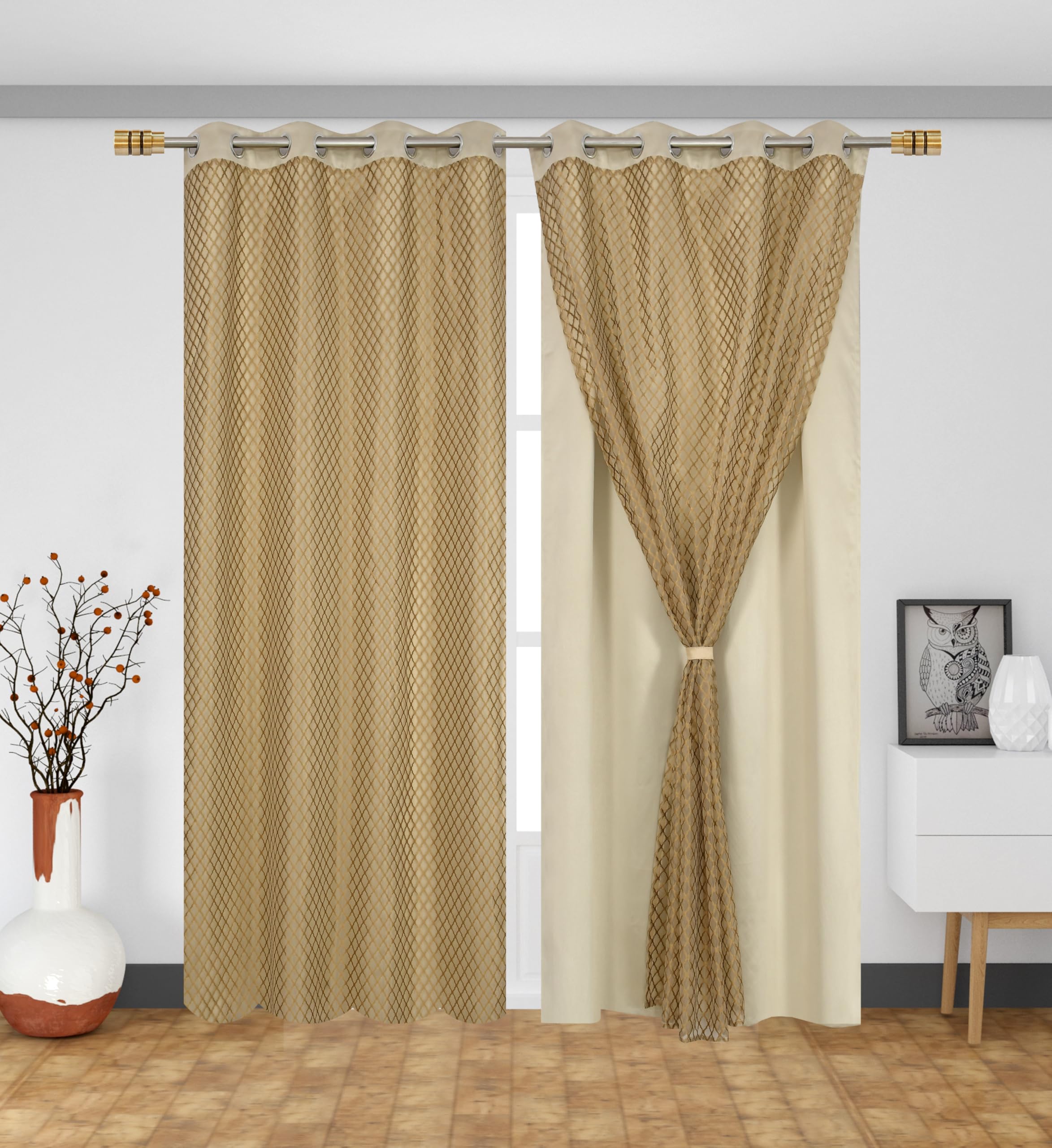 Faux Silk Hybrid Designer 100% Blackout Curtain 2-in-1 |Dual-Layer Design with Decorative Mesh Overlay & Tie Ribbon|100% Light Blocking,Thermal Insulated, Door- 7 Feet (Pack of 2) Beige-image-26
