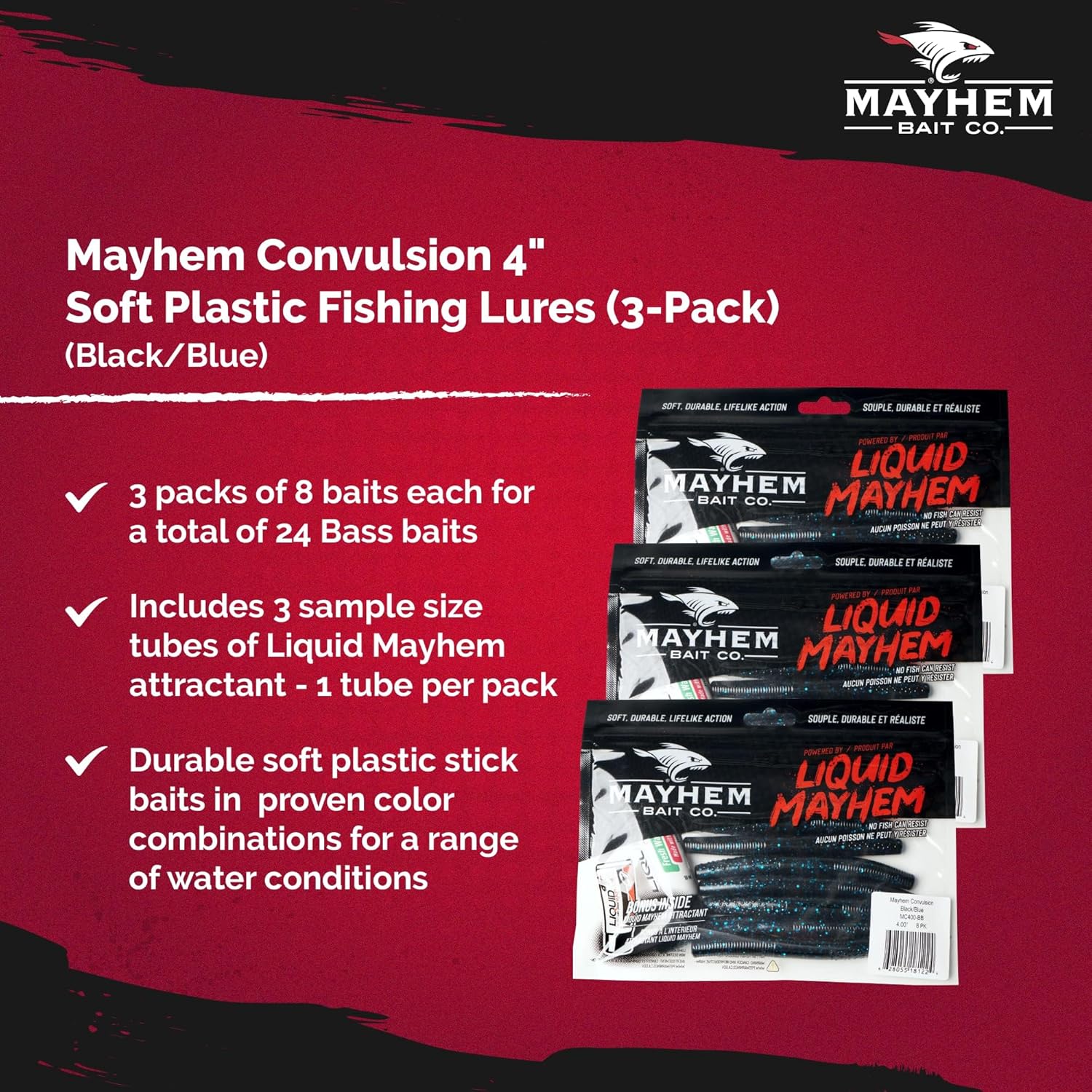 Liquid Mayhem Convulsion, 2.5"& 4" Soft Plastic Bass Lures – Easy to Rig with Lifelike Action – Includes Bonus 10ml Attractant Gel