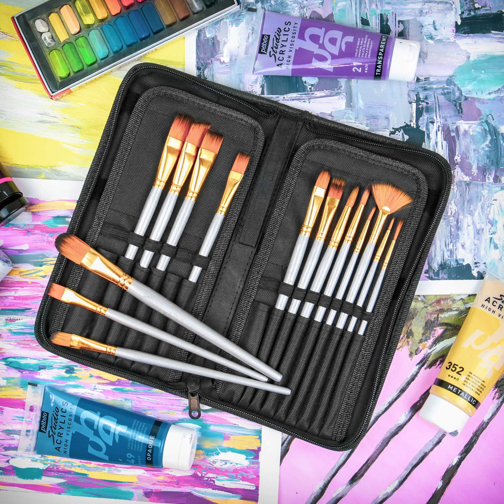 15 Piece Artists Paint Brush Set & Case Art Supplies Watercolour