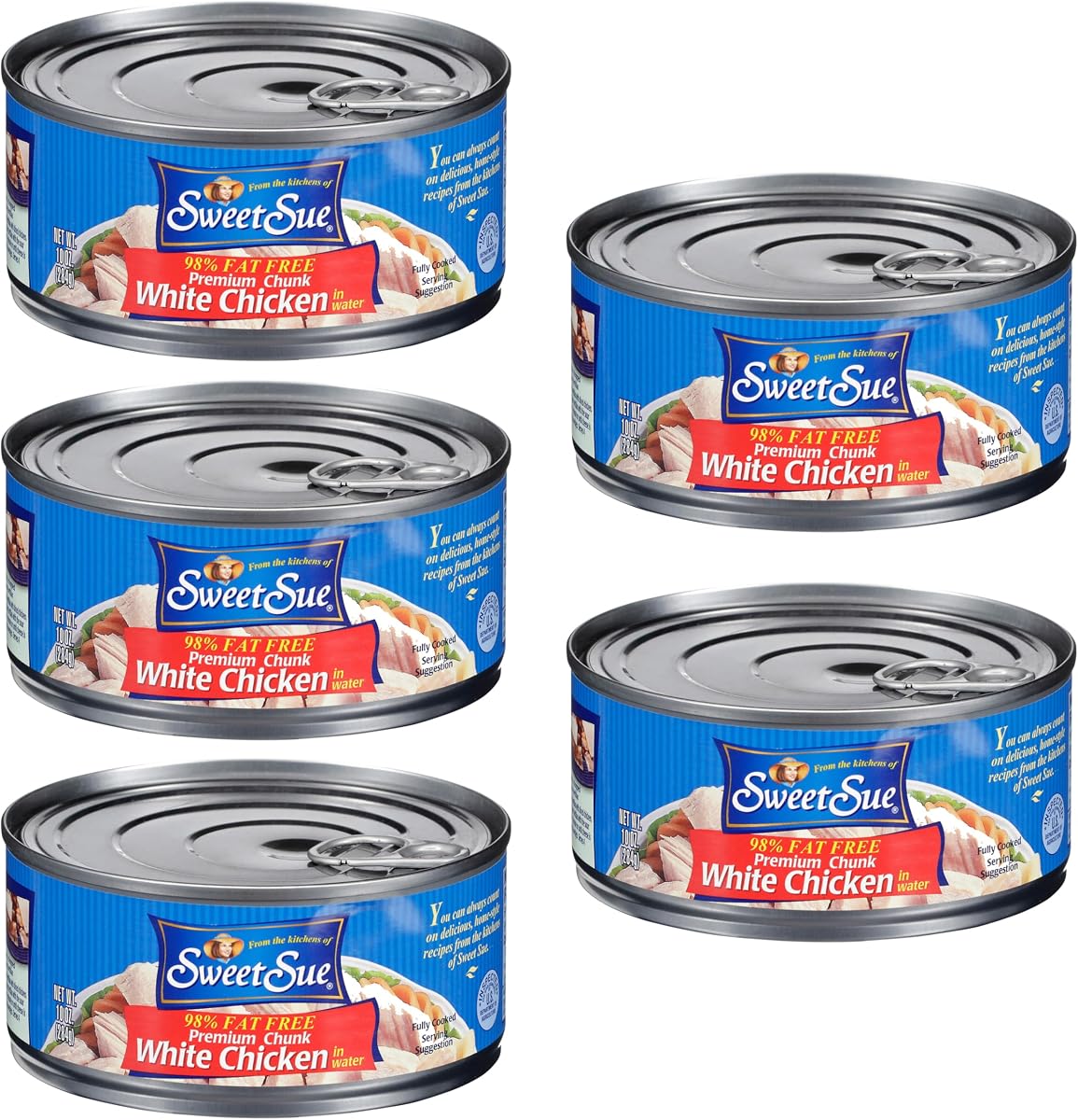 Sweet Sue Chunk White Chicken in Water, 10 oz Can - 11g Protein per Serving, 98% Fat Free - Gluten Free, Keto Friendly - Great for Snack, Lunch or Dinner Recipes (Pack of 5)