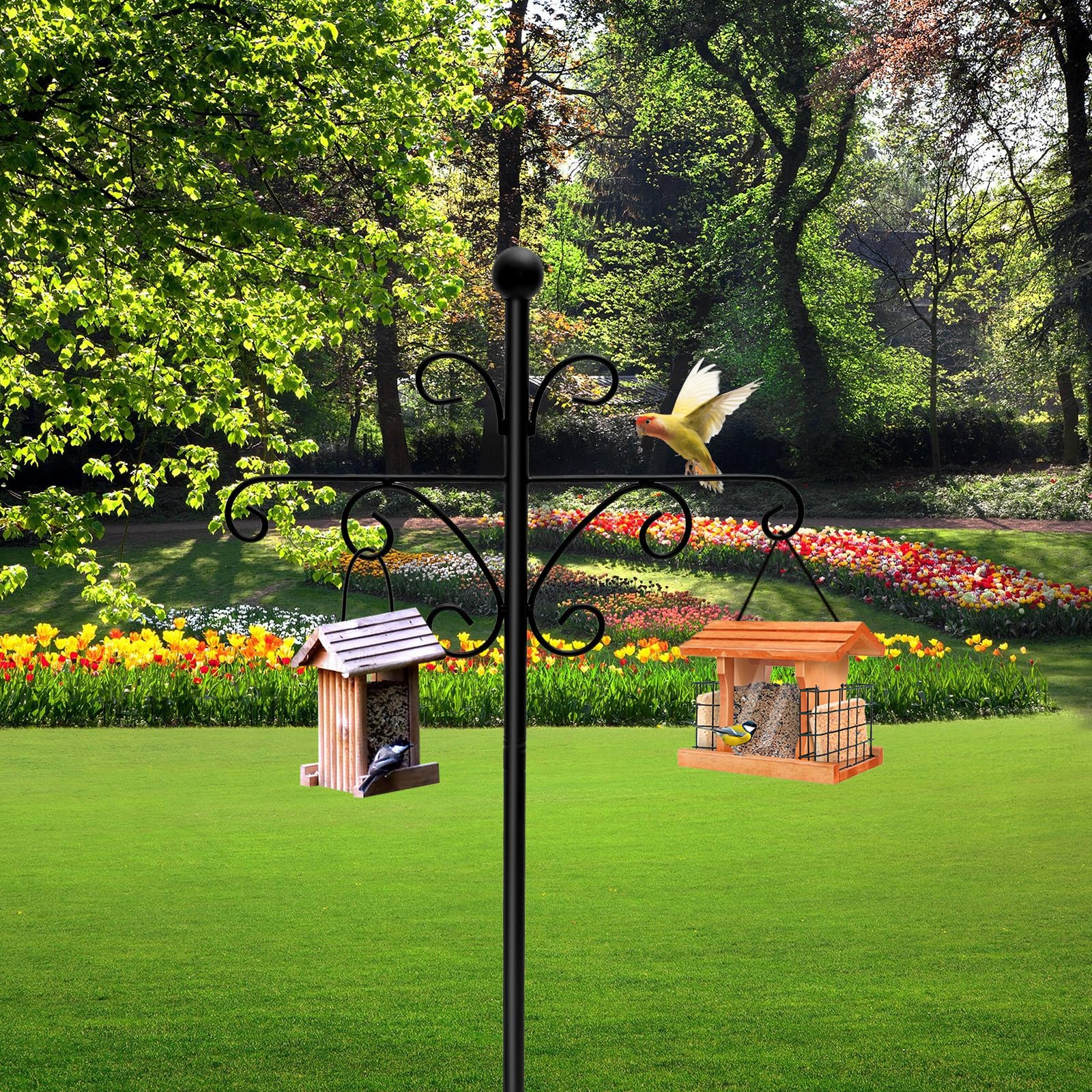Double Shepherds Hook for Outdoor, 39 to 76 Inch Adjustable Garden Hooks with 5 Prongs Base, Rust Resistant Bird Feeder Pole Free Standing Feeding Station for Garden Lights, Lanterns, Plant Baskets-image-46