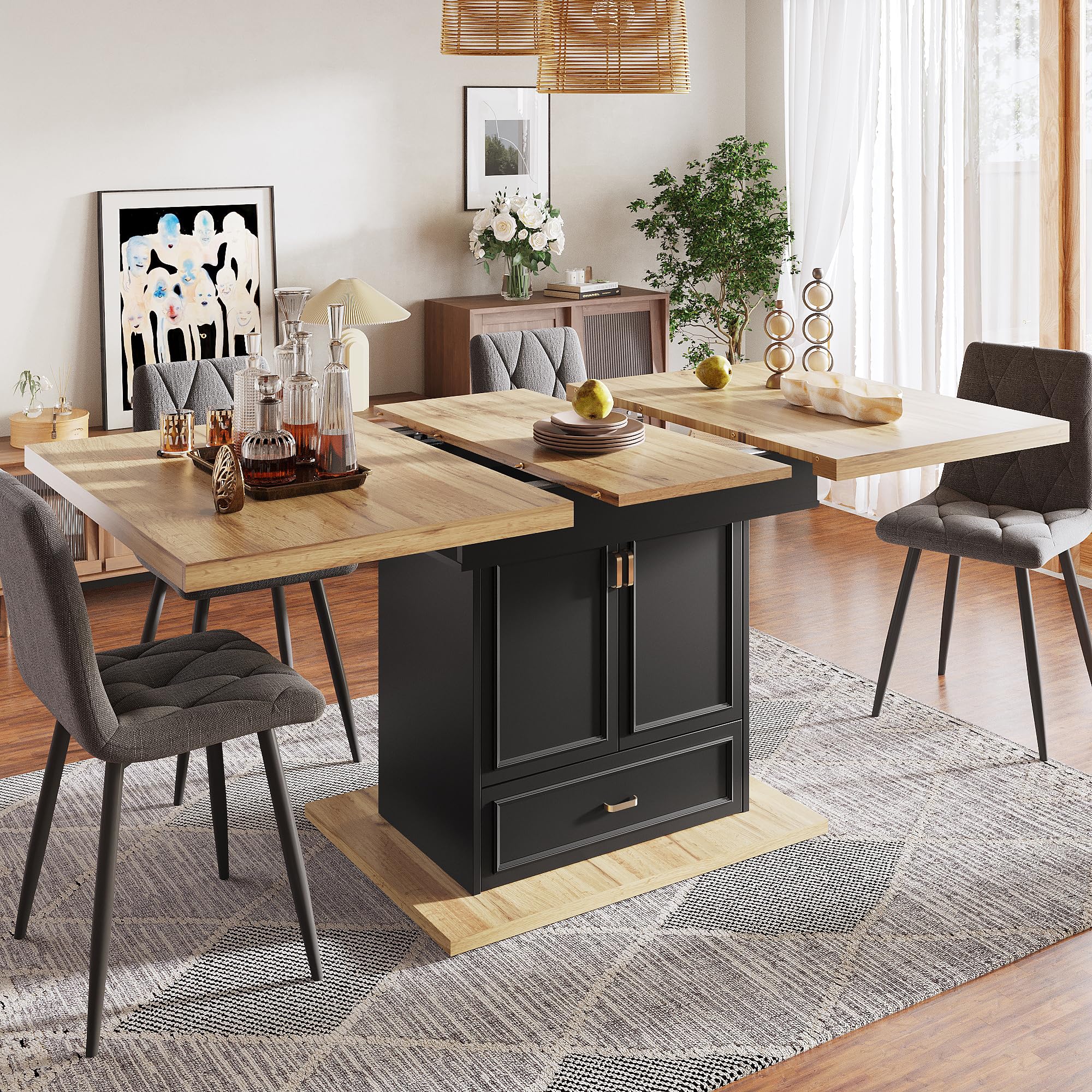 BTM Rectangular Extendable Dining Table with Storage Drawer & Doors, Space-Saving Extending Kitchen Tables 4-6 Seater, Black — image 1