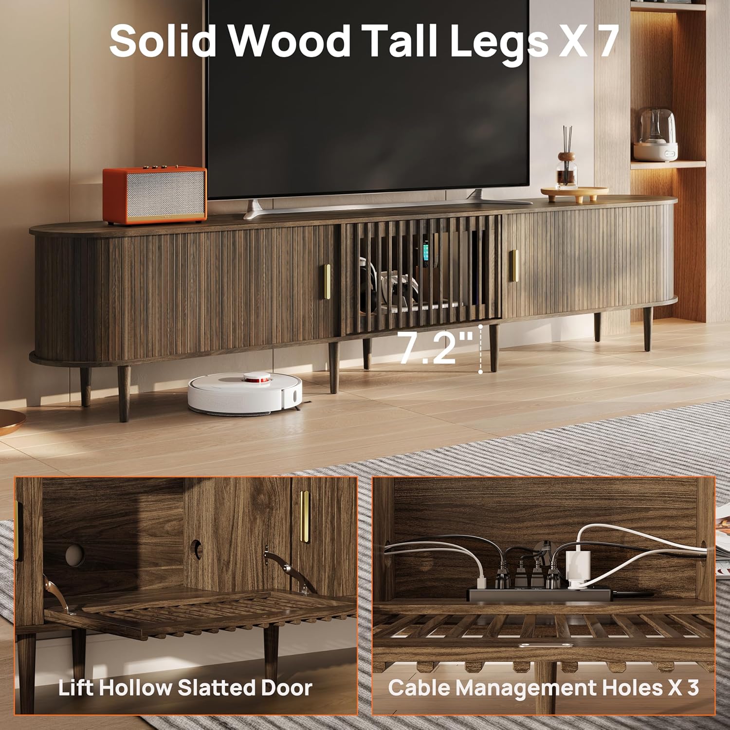 94.5" Fluted Mid Century Modern TV Stand for TVs Up to 80/85/86/90/98/100", Tambour Sliding Doors Entertainment Center with Storage&LED, Curved Media&TV Console Long TV Stands for Living Room, Walnut