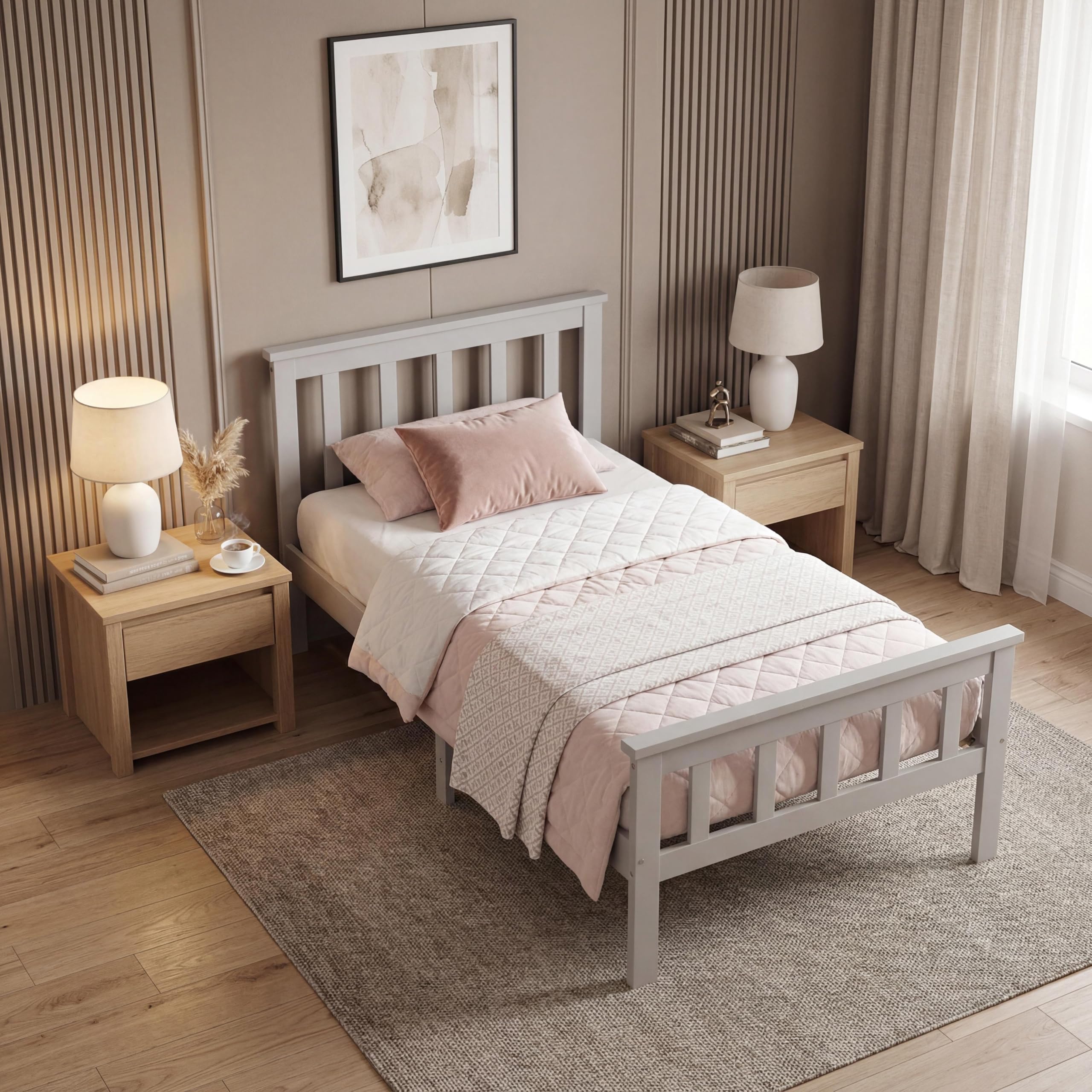 Panana New Single Bed Frame 3FT White Solid Pine Wood Bed for Adults, Kids, Teenagers (Grey)