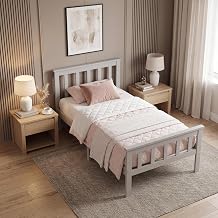 Panana Single Pine Bed Frame,3FT Solid Wooden Bed with Headboard,Grey
