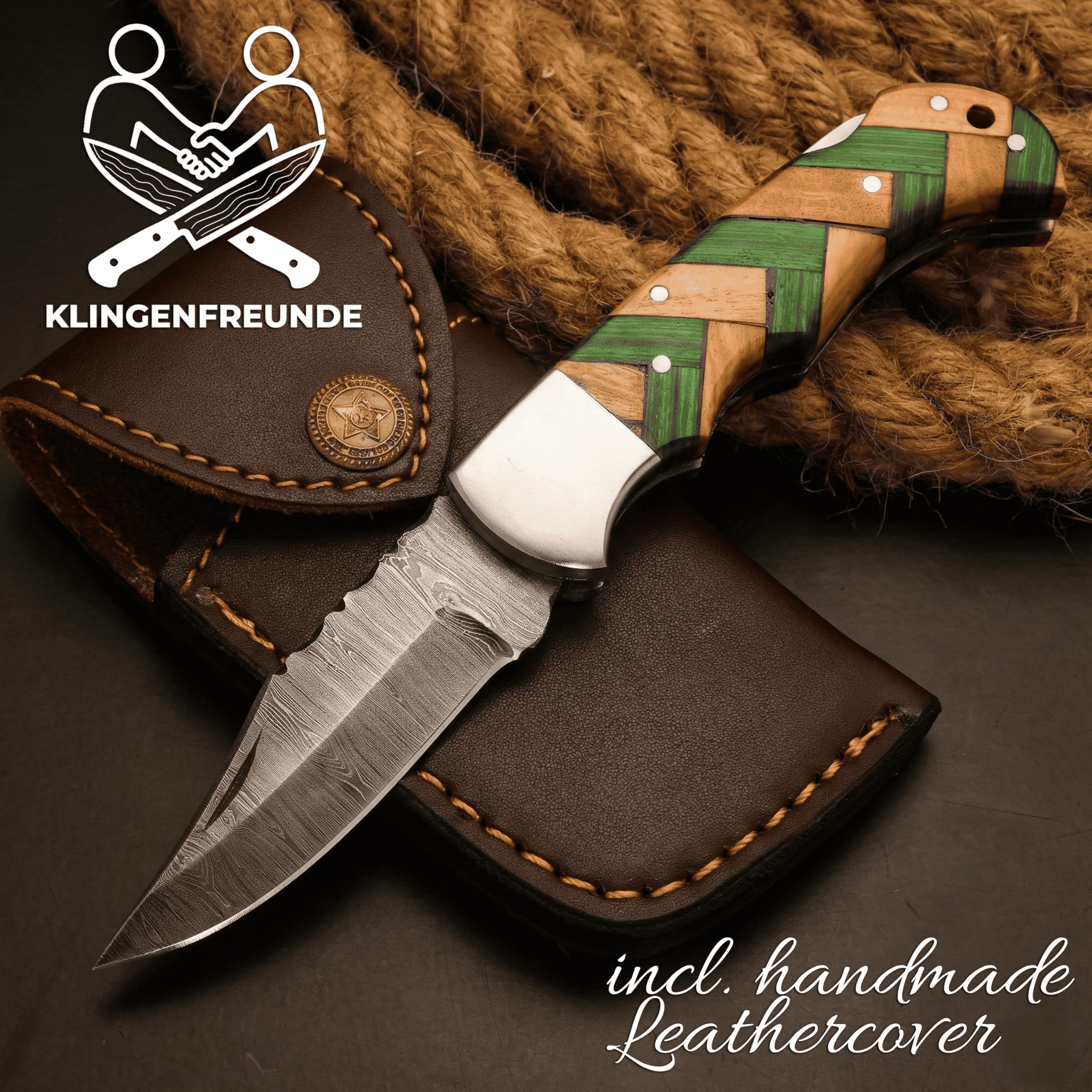 Generisch Damast Taschenmesser aus echtem Damaststahl – in Deutschland geschärft – personalisierte Gravur – hochwertiges Geschenk (Olive- & Pakka (Grün))