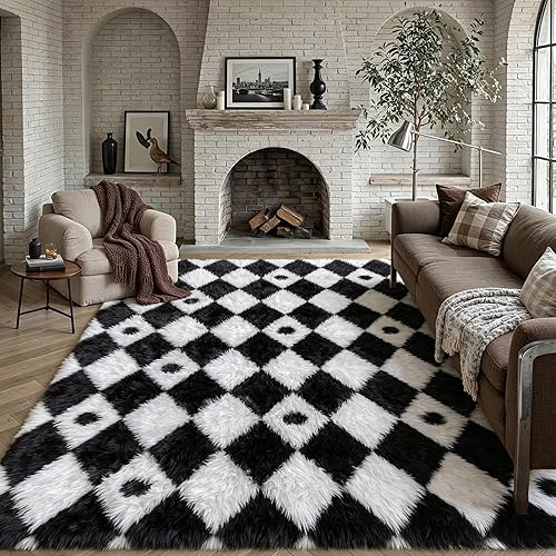 PureCozy Checkered Rug 6x9 Fluffy Shag Living Room Black and White Area Rug Mode