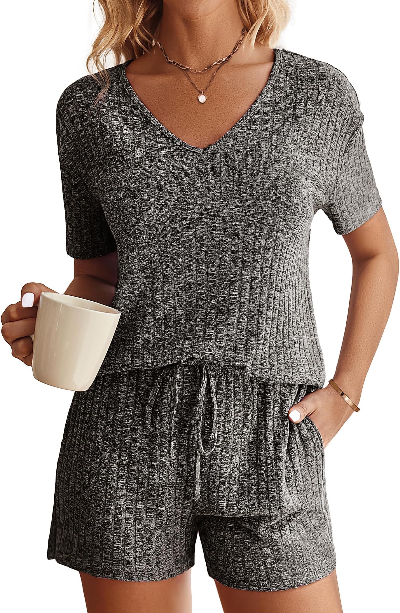 EkouaerWomens Ribbed Knit Lounge Set Short Sleeve Top and Shorts Sleepwear Pajama Set Two Piece Shorts Outfits Set