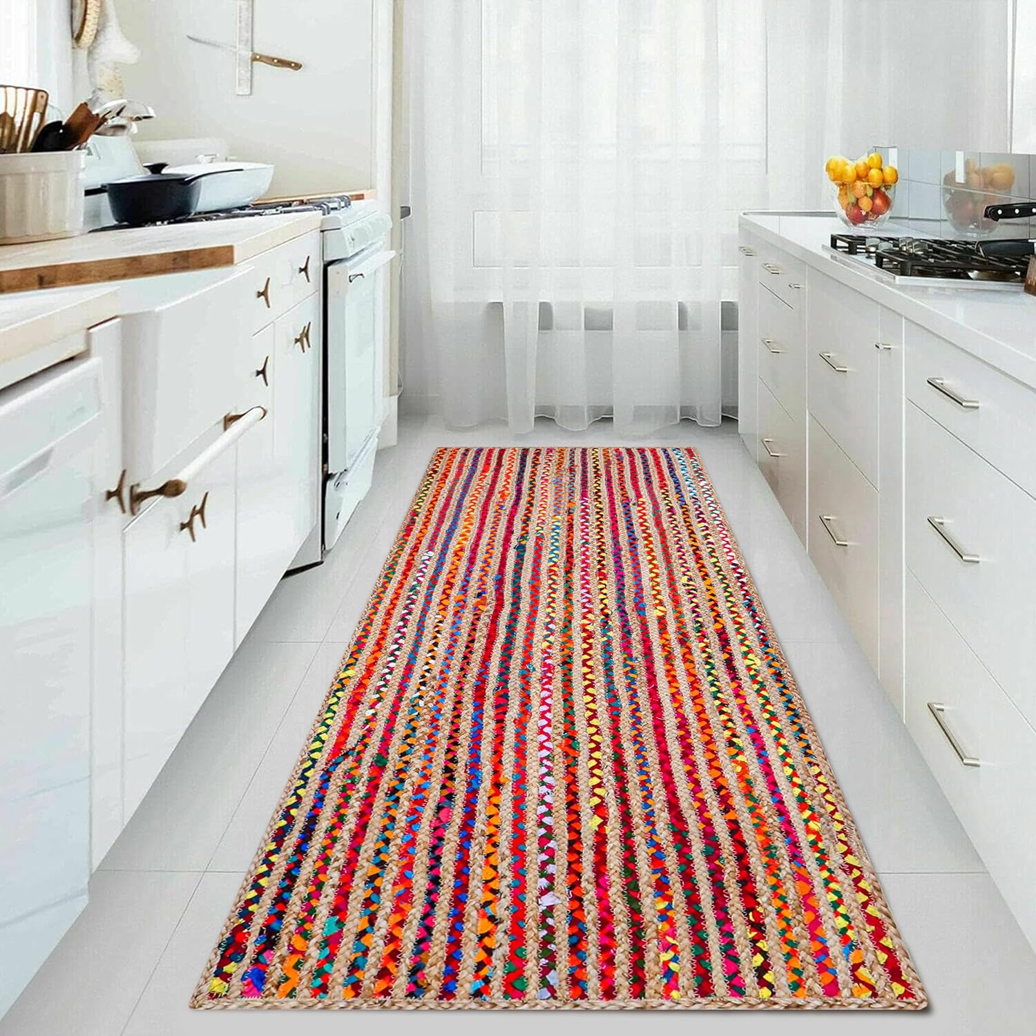 Hausattire Bohemian Braided Runner Rug 2'x6' - Multi Color, Long Farmhouse Jute Cotton Area Rag Rugs for Hallway, Kids Bedroom, Kitchen | Colorful Hand Woven Reversible Floor Carpet - 24x72 Inch