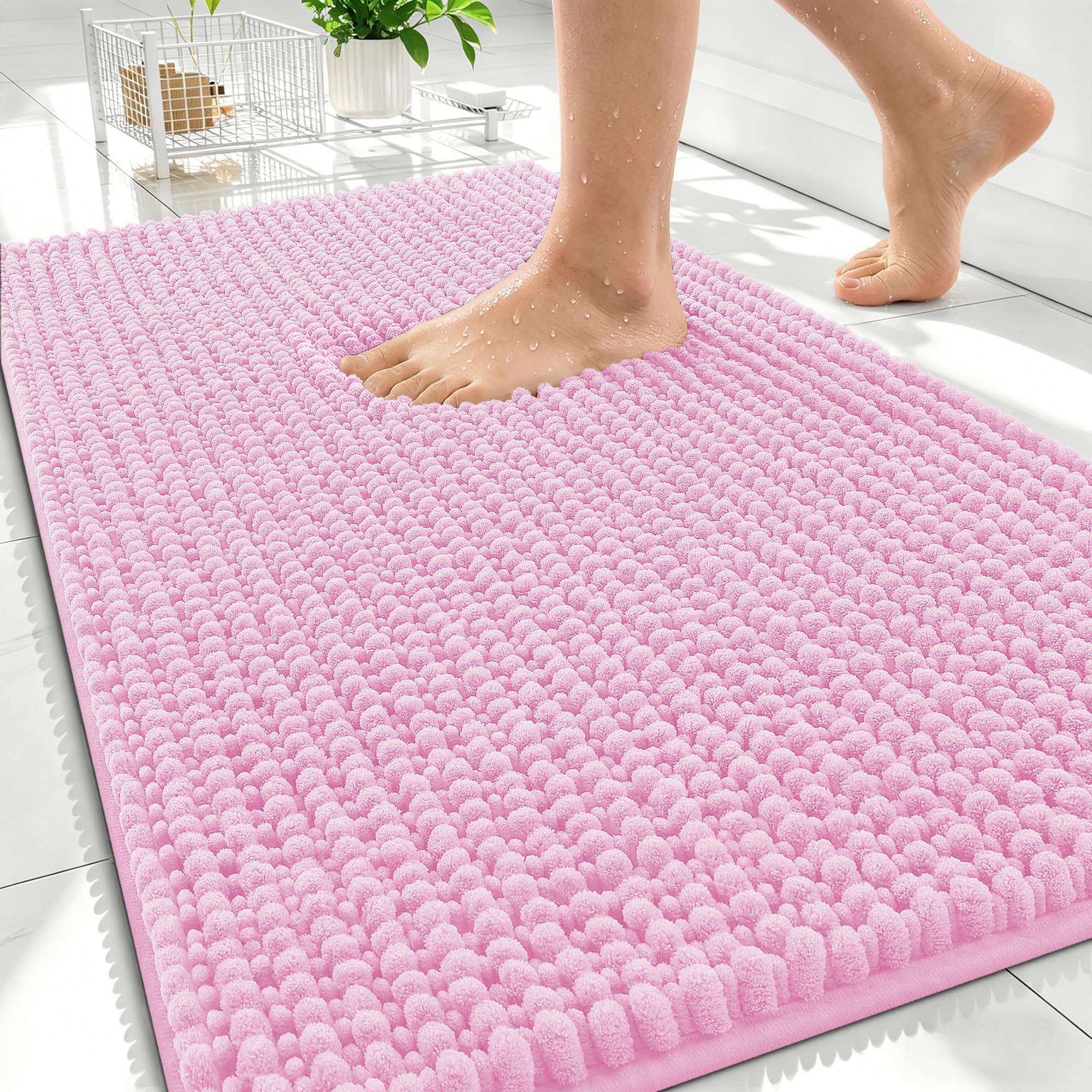 OLANLY Thick Chenille Bathroom Rugs 30x20, Soft Absorbent Bath Mat, Pink