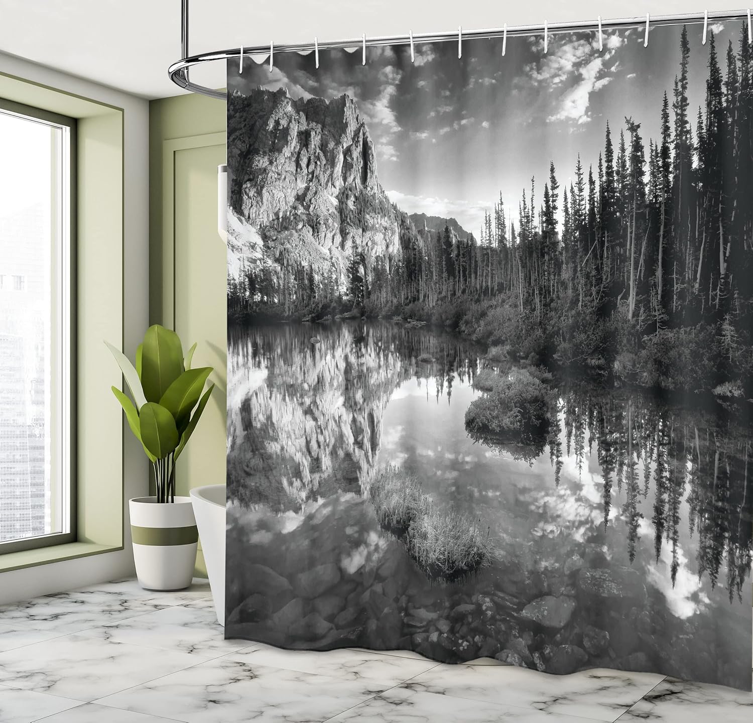 Ambesonne Nature Shower Curtain, Mountain Lake Creek Surrounded by Pine Tree Forest Hiking Serene Eco Scenery, Cloth Fabric Bathroom Decor Set with Hooks, 69" W x 70" L, Black and White