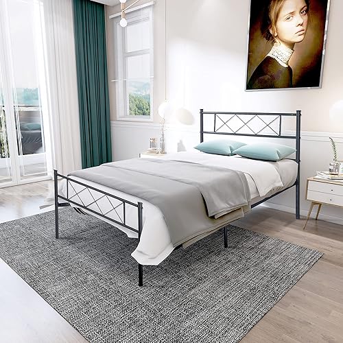 Vlinlvo Marco de cama de metal con cabecerabase de colchón no necesita somier almacenamiento debajo de la cama soporte fuerte de listones color negro