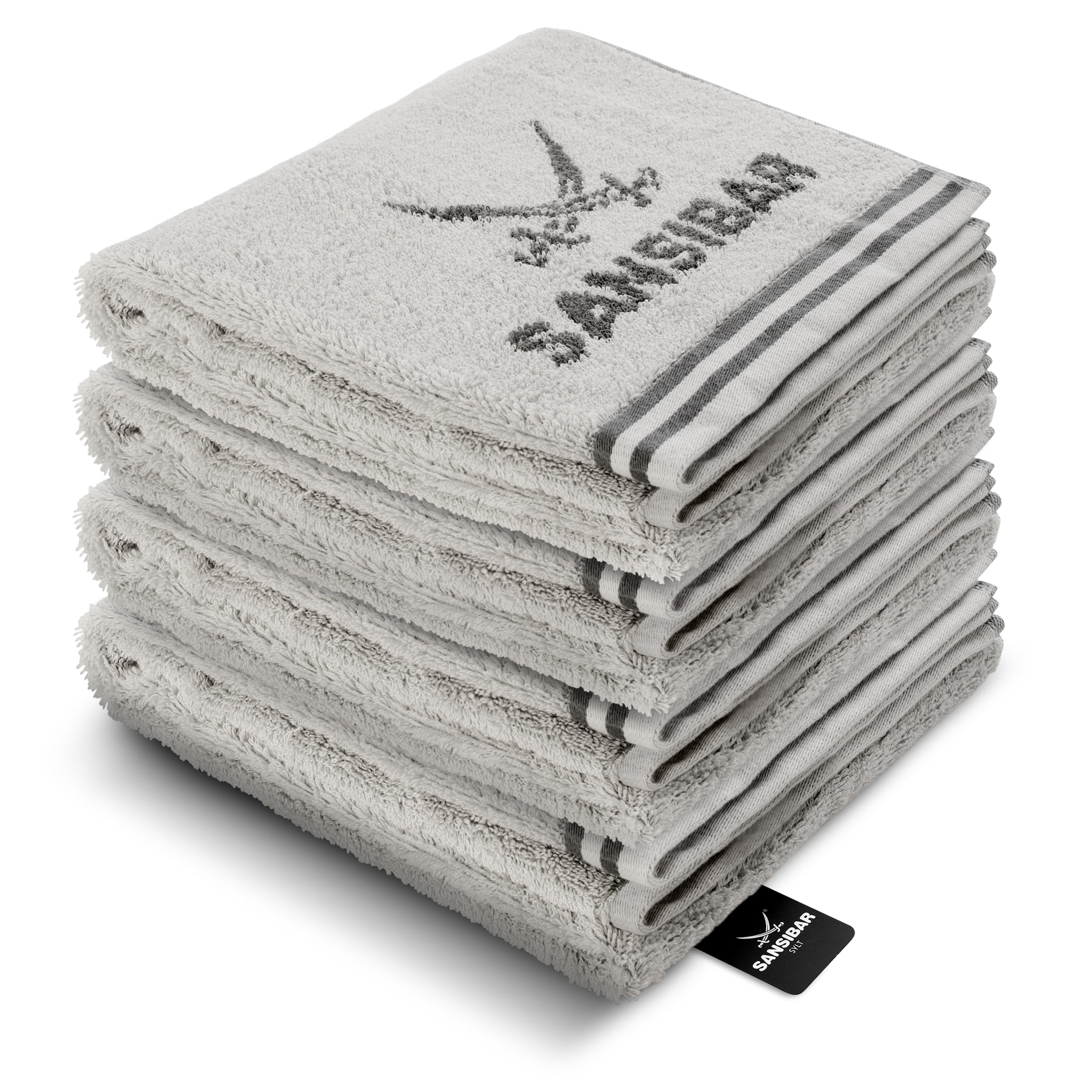 Sansibar Handtuch 4er Set 50x100 cm 100% Baumwolle Doubleface Frottiertuch gestreifte Borde Zweifarbig Silber/Anthrazit