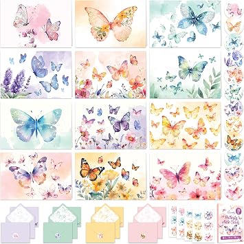 Decorably 24 Pack 6x4in Enchanting Glittery Butterfly Blank Cards