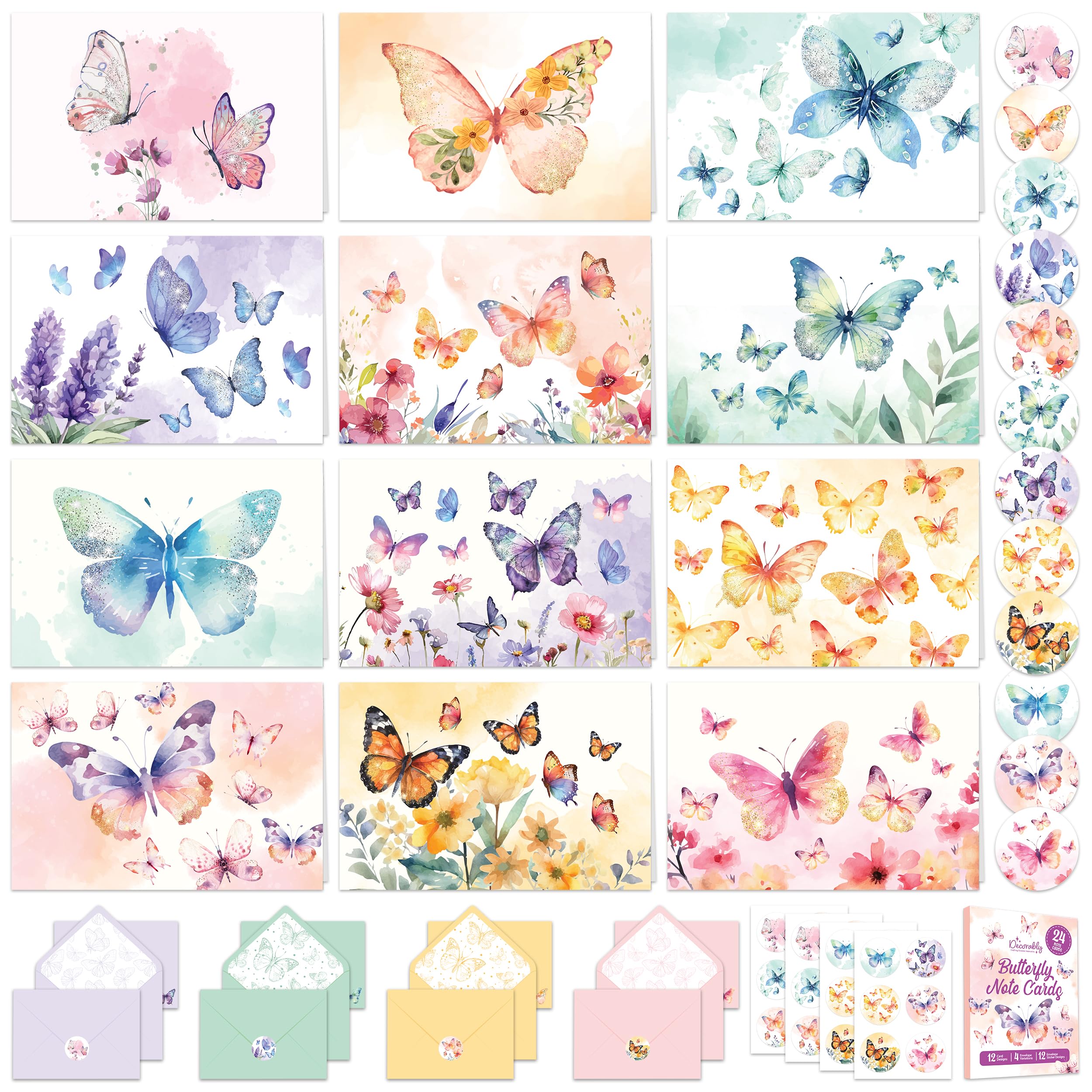 Decorably 24 Pack 6x4in Glittery Butterfly Cards with Envelopes and Stickers, 12 Enchanting Blank Designs for Friends, Family and Loved Ones -
