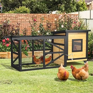 71'' Chicken Coop with Wheels, Outside Chicken House for 2-3 Chickens, Outdoor Wooden Mobile Duck Coops with Run & Waterproof Asphalt Roof, Removable Tray for Backyard Poultry Pet Hutch