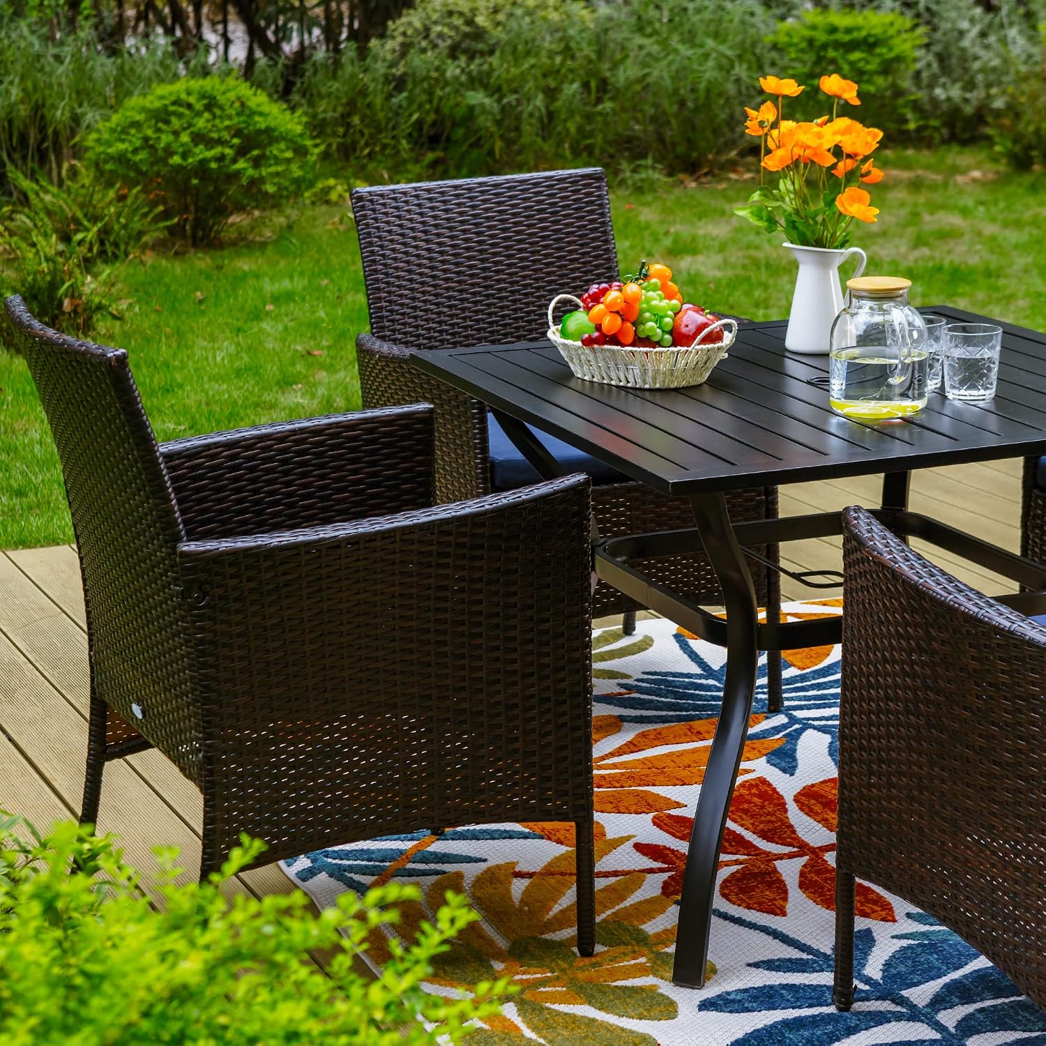 PHI VILLA 37" Patio Table for 4, Metal Outdoor Dining Table with E-Coating, Square Steel Slated Outdoor Table with 1.57" Umbrella Hole for Garden Backyard, Black