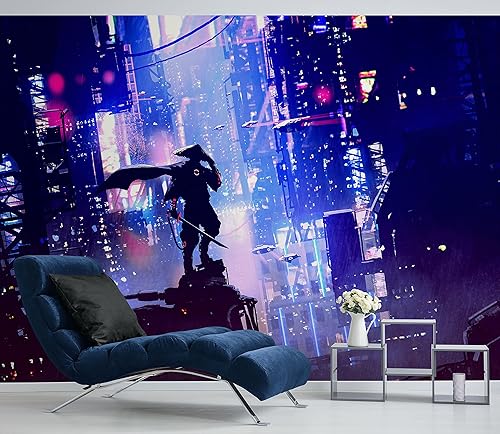 Miniatura 7 de Samurai japonés en Ciudad Neón Cibernética Futurista de Japón. Mural de pared Futuro retro de onda de sintetizador de estilo anime. Papel tapiz