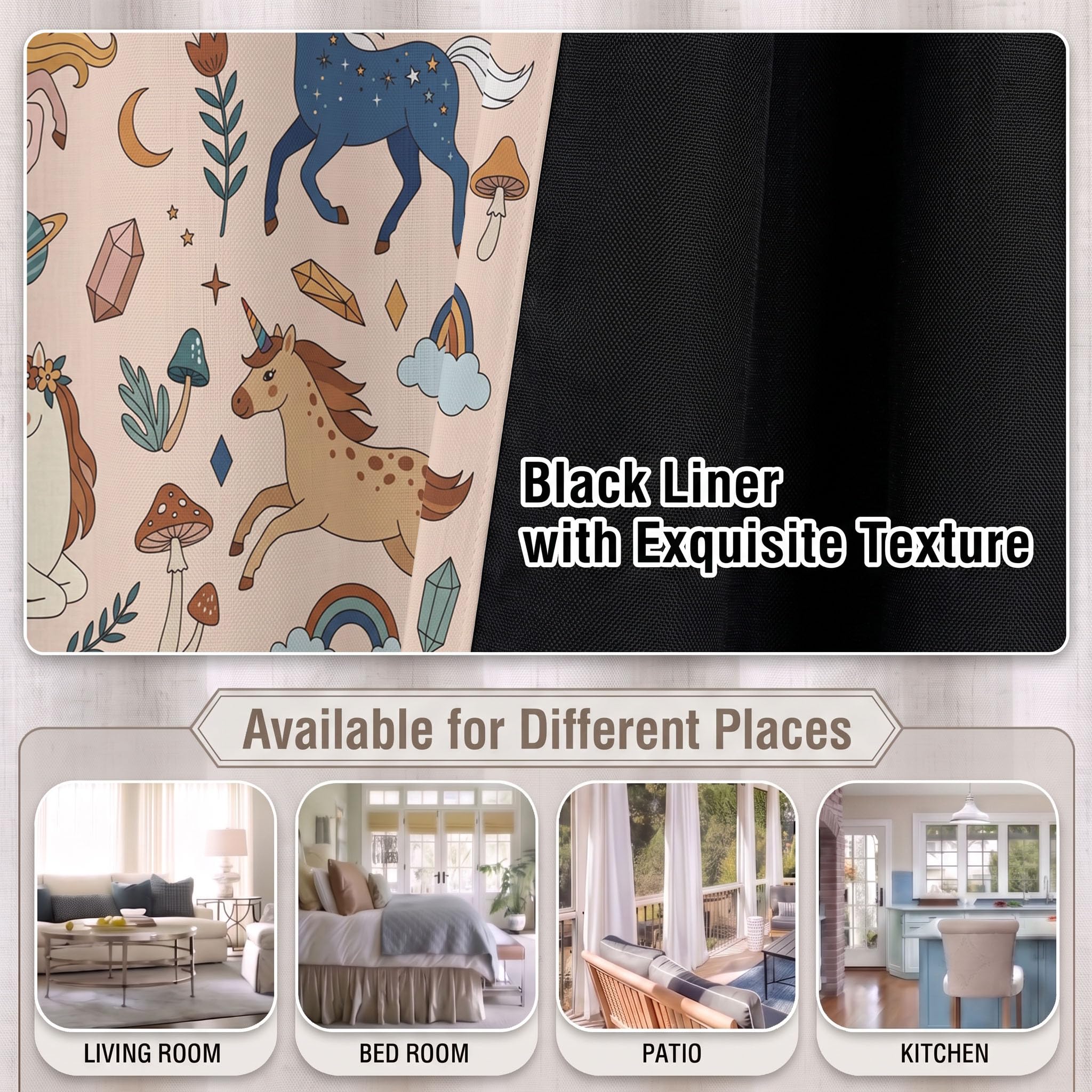 Style Dessin Animé Rideau Occultant - Licorne Rideau Thermique, Beige Marron Rideaux Chambre Salon Fenetre, Rideaux Draperies Intérieurs À Oeillets, L70×H160Cm (2 Panneaux)