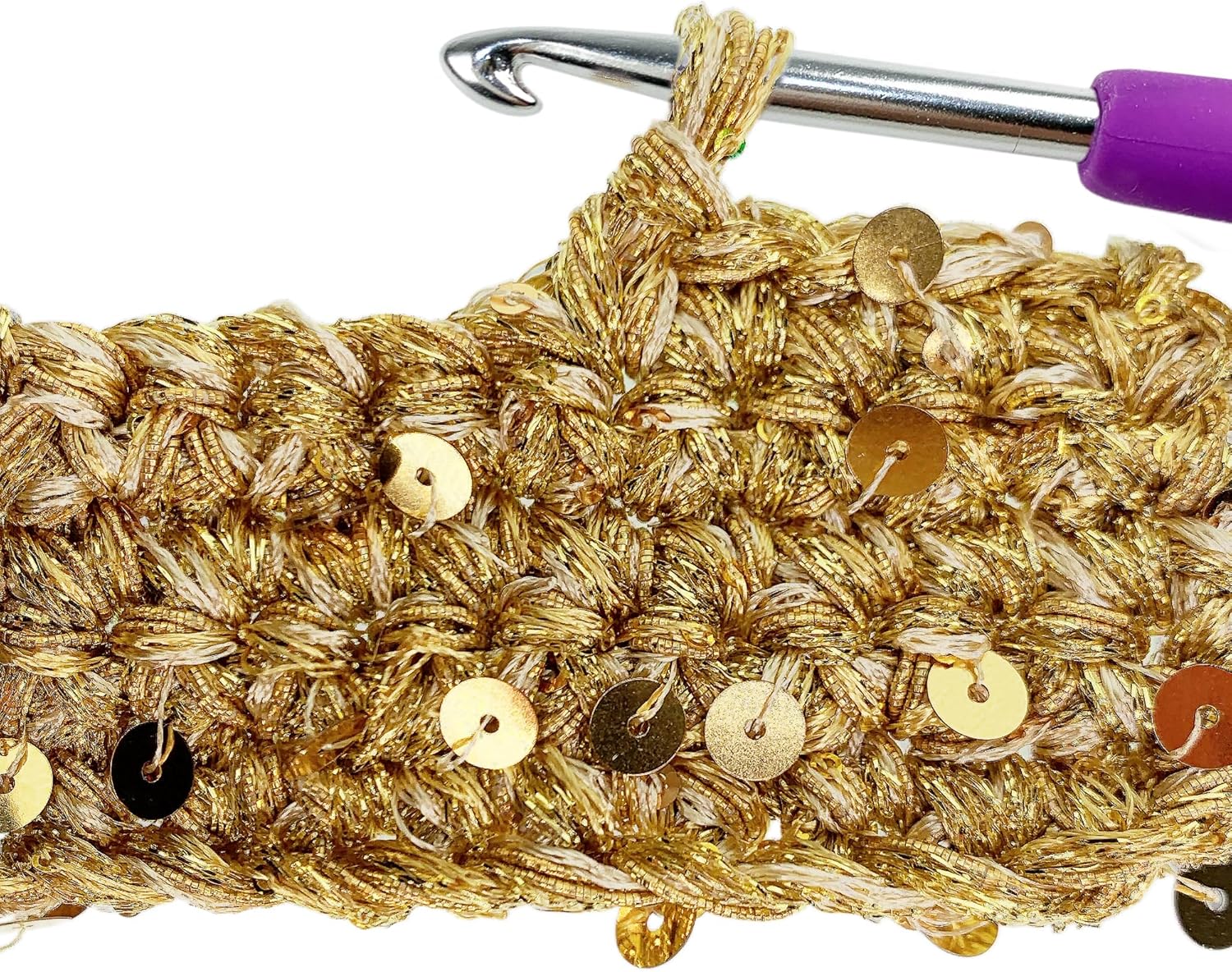 Hand-Blended Multifiber Multicolored Fancy Yarn with Golden Sequins for Knitting Crocheting Crafts DIY, Set of 3 Rolls (Gold)