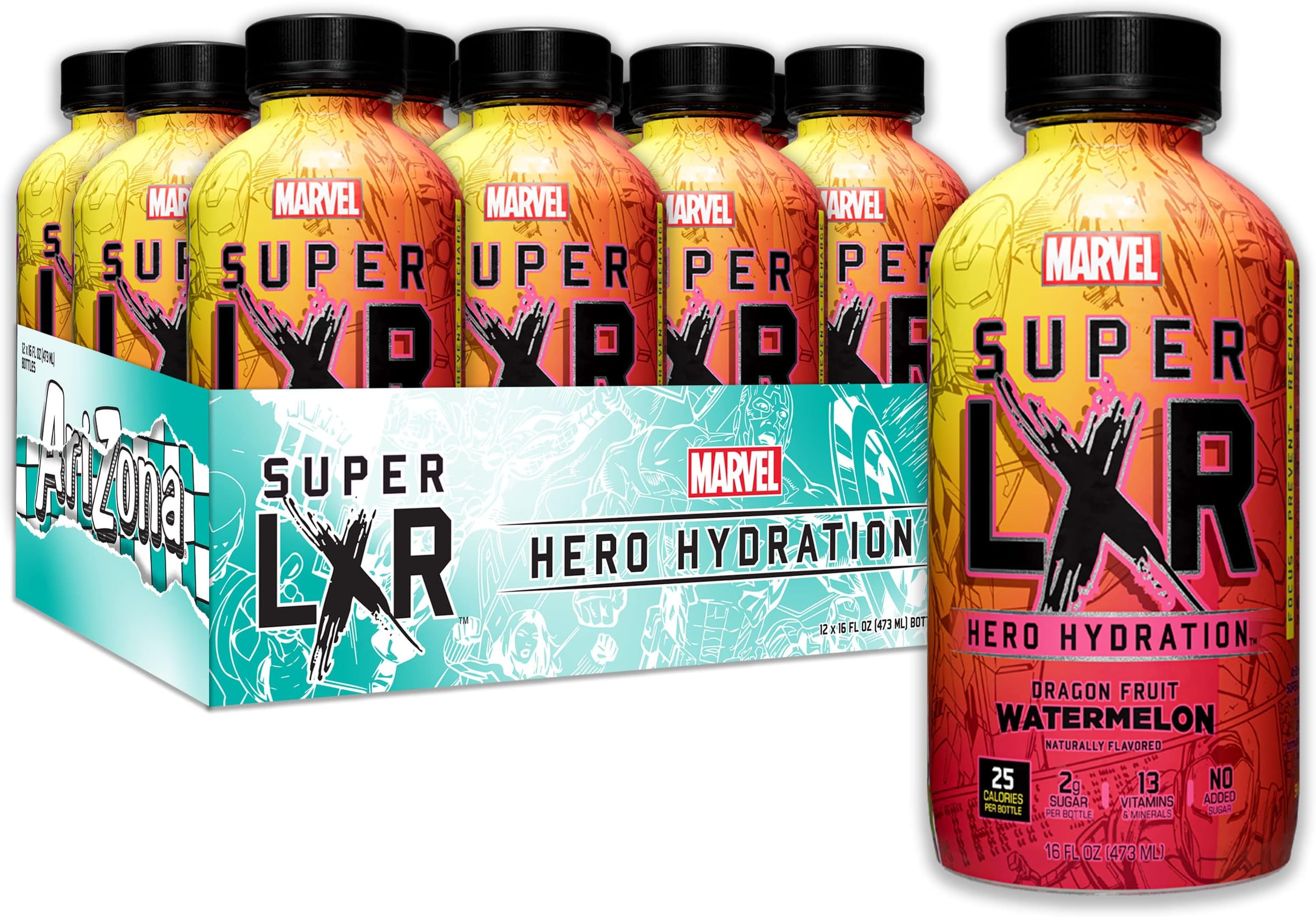 Arizona x Marvel Super LXR Dragon Fruit Watermelon Hero Hydration, Pack of 12 x 473ml PET Bottles, Sports Drink with Electrolytes and Vitamins