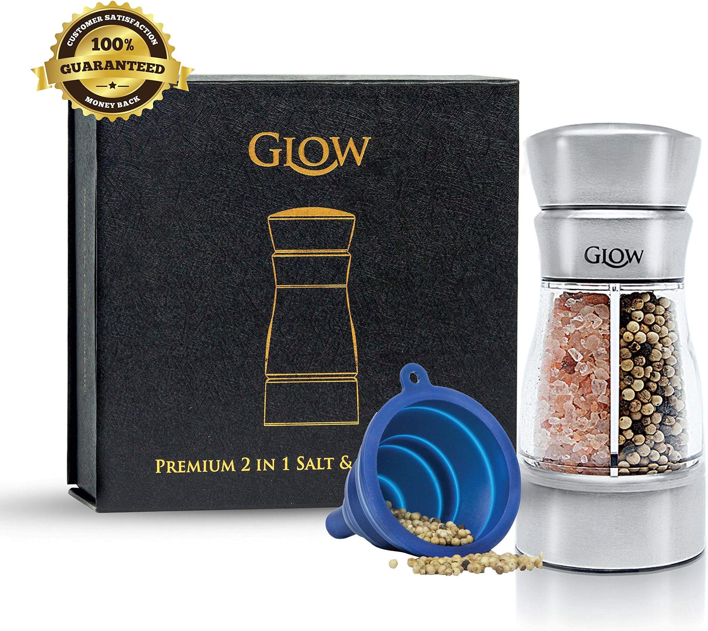 Glow Premium 2 in 1 Stainless Steel Salt and Pepper Grinder Mill with Free Collapsible Funnel in a Gorgeous Gift Box I Adjustable Ceramic Rotor I Super Durable PC Body I Great Gift Idea