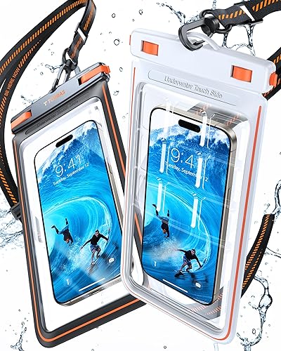 TORRAS Paquete de 2 fundas impermeables IPX8 para teléfono, flotante, pantalla subacuática táctil, funda impermeable con cordón para iPhone 16 Pro